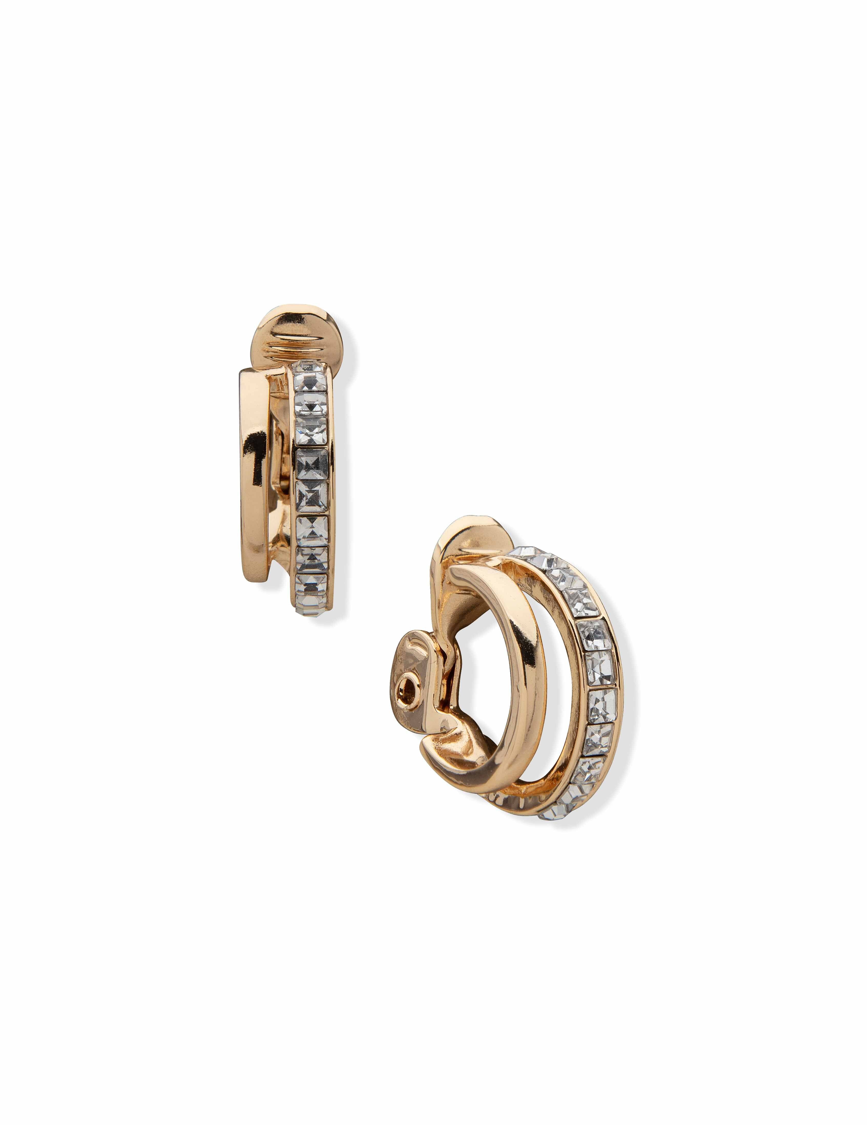 Crystal Double Hoop Clip Earrings - Anne Klein