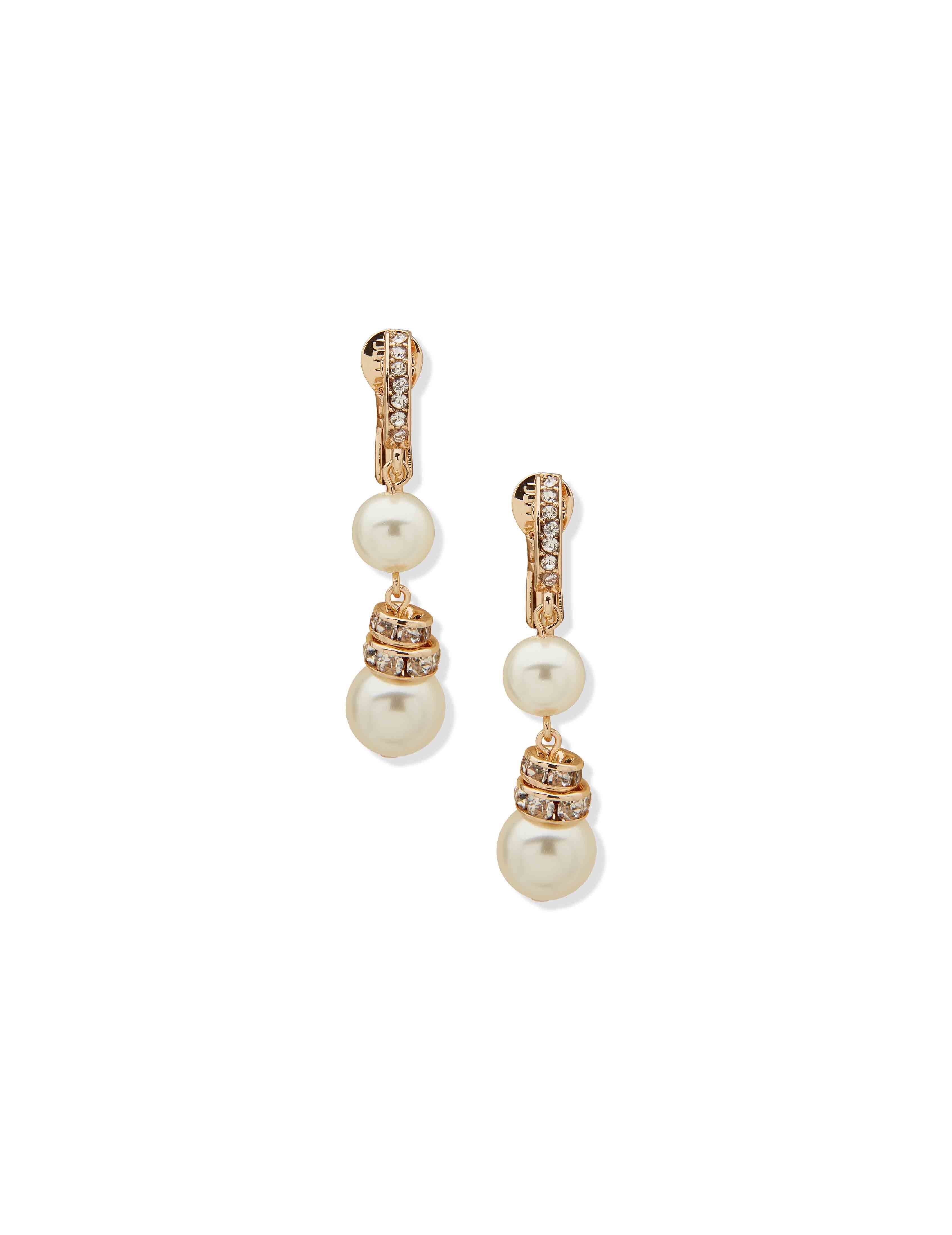 Double Drop Pearl Clip Earrings - Anne Klein