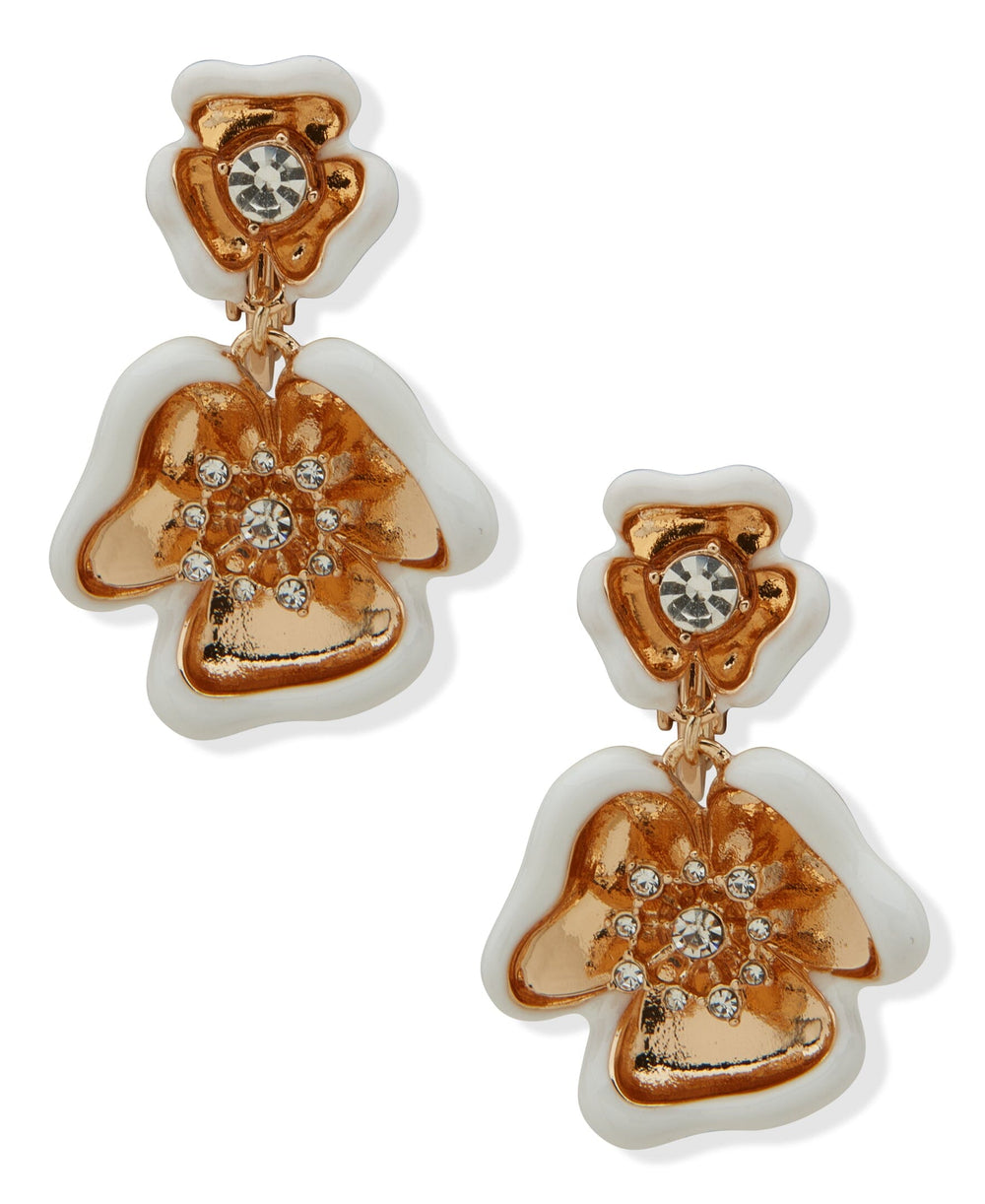 Double Textured Flower Drop Clip Earrings - Anne Klein