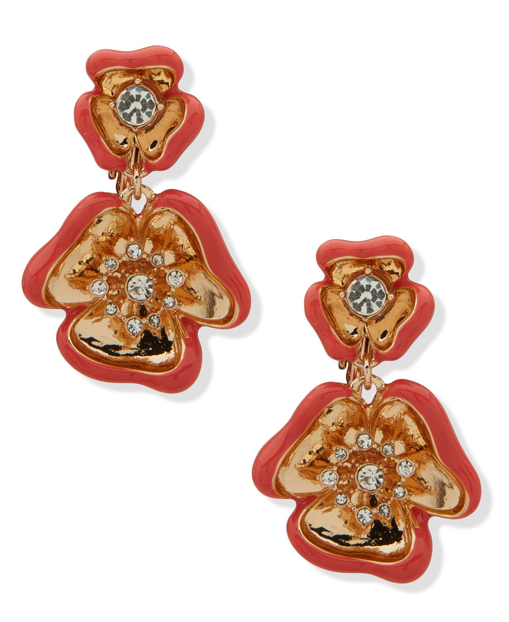 Textured Double Flower Drop Clip Earrings - Anne Klein