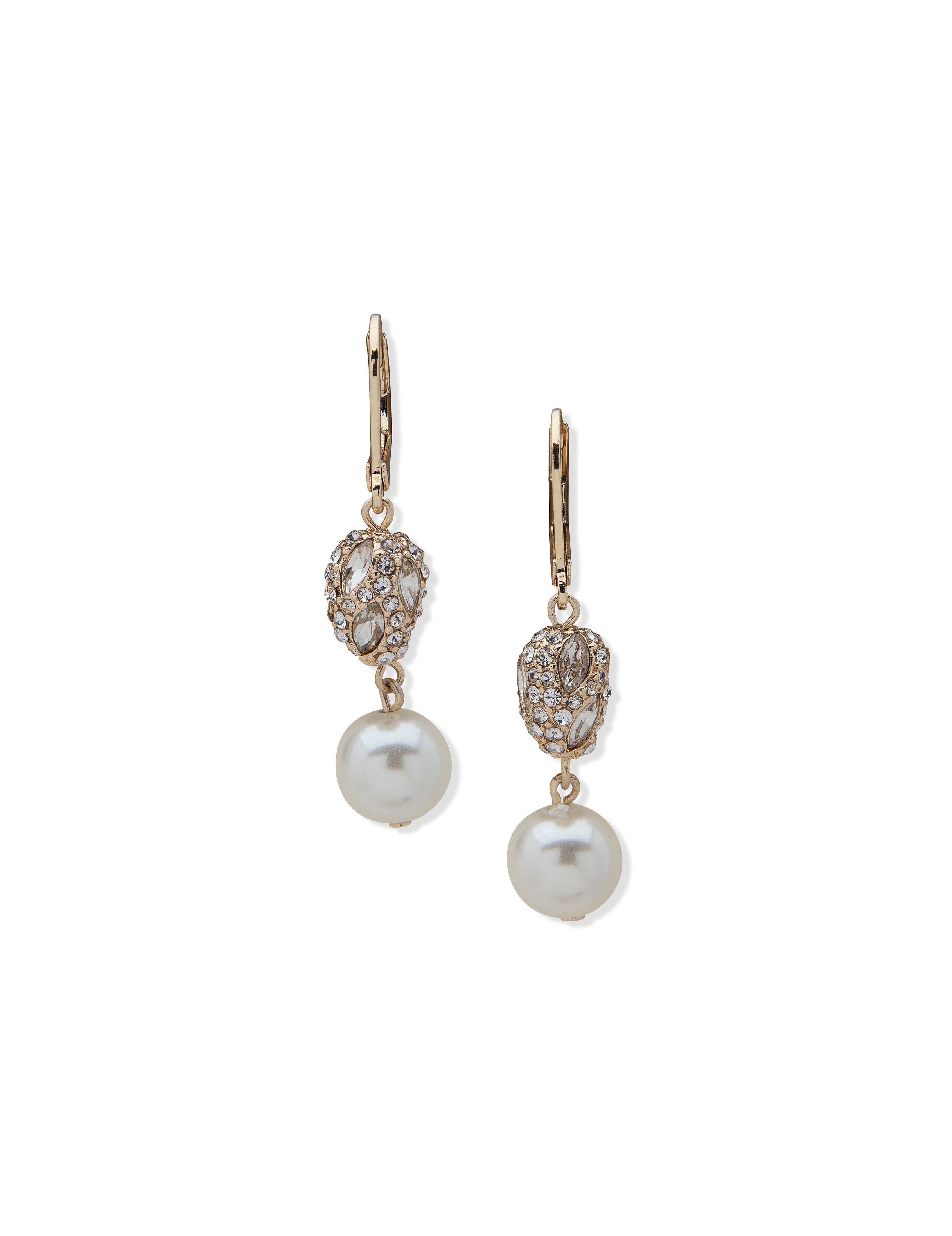 Double Drop Crystal Faux Pearl Nugget Earrings Gold - Anne Klein