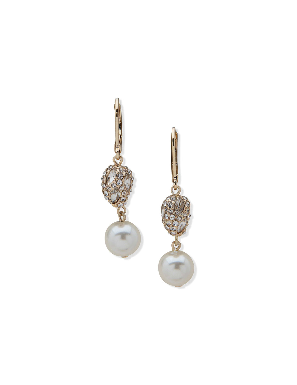 Double Drop Crystal Faux Pearl Nugget Earrings Gold - Anne Klein
