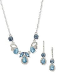 Denim Blue Crystal Cluster Necklace & Earring Set - Anne Klein Silver Tone