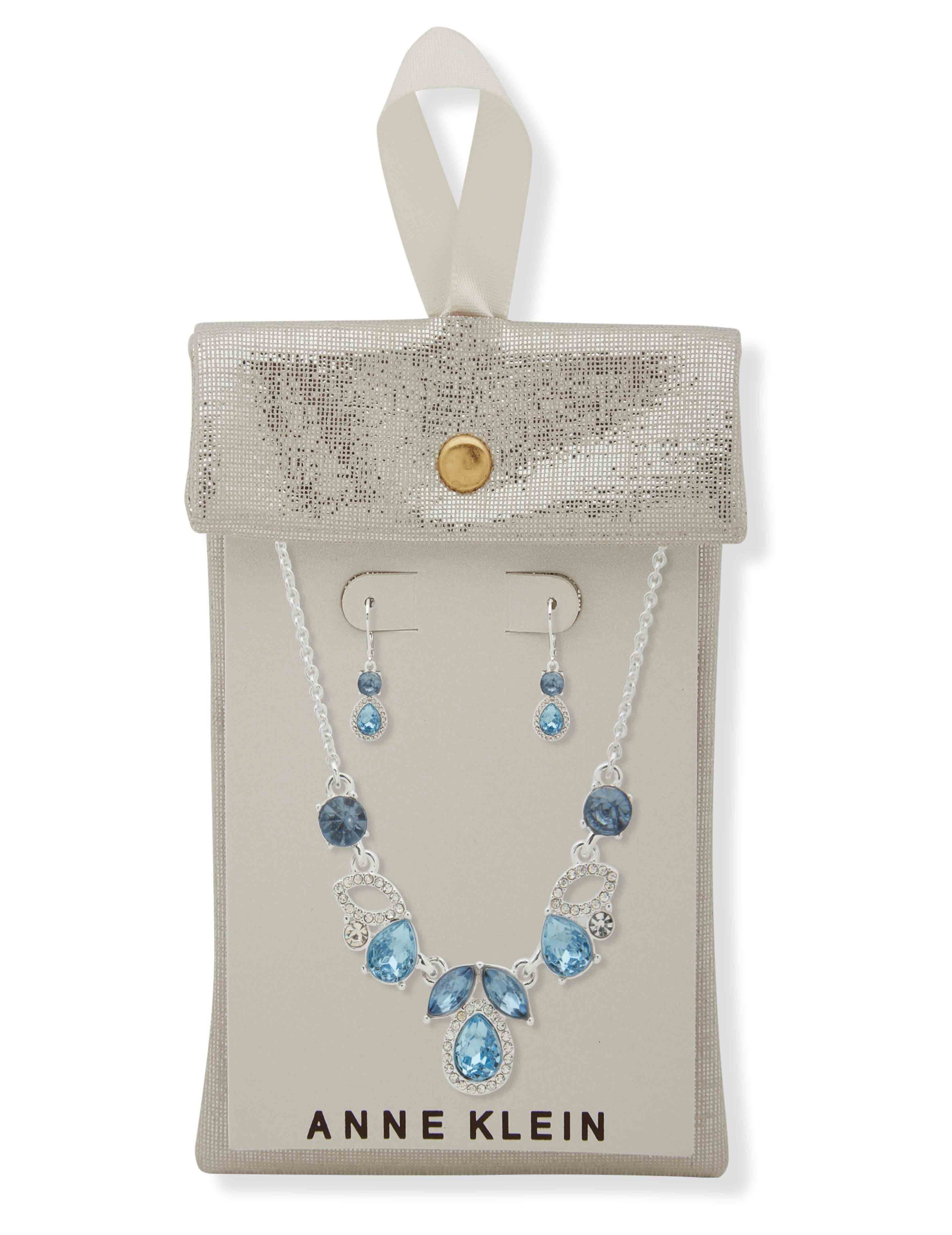 Denim Blue Crystal Cluster Necklace & Earring Set - Anne Klein Silver Tone