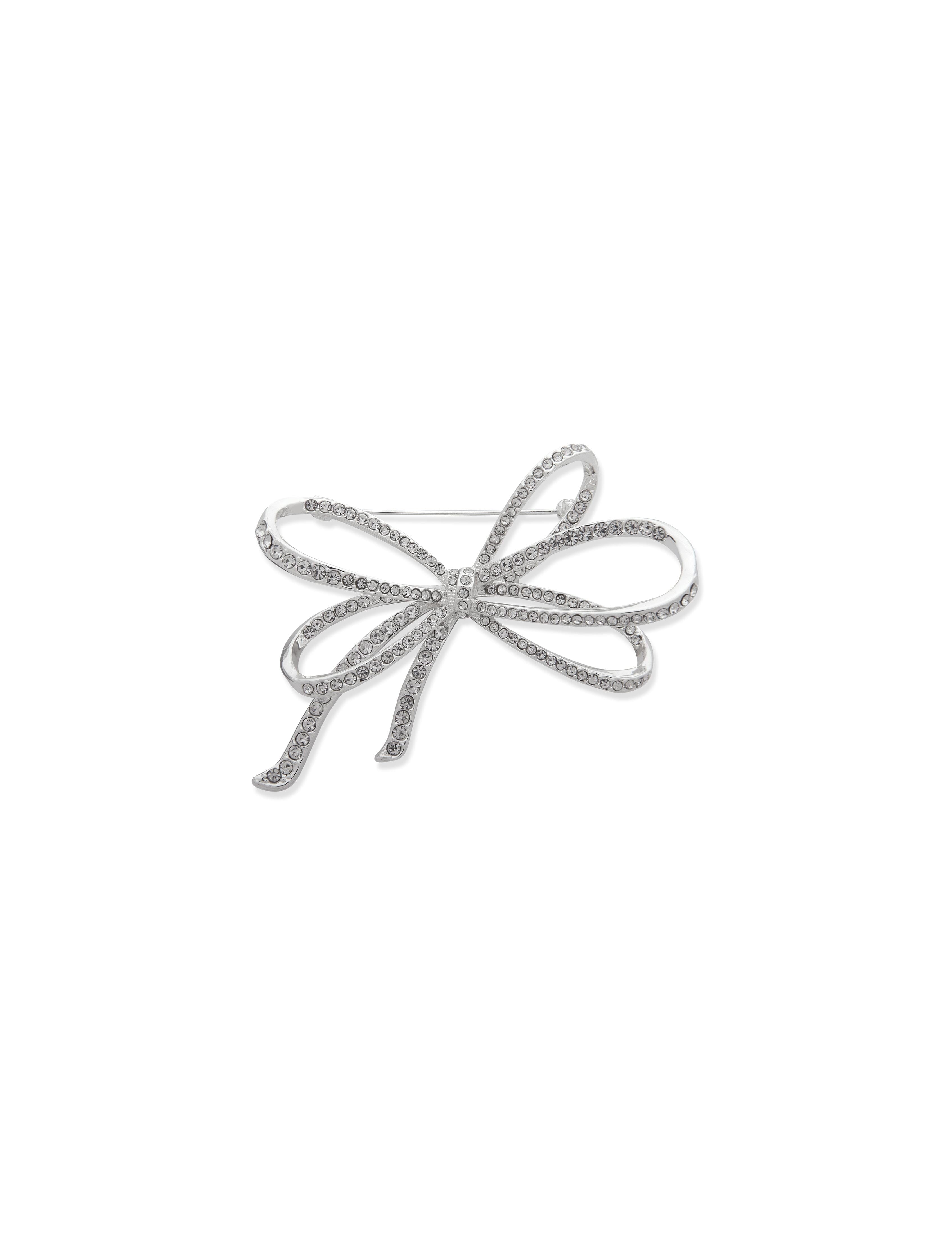 Sparkling Bow Brooch with Crystal Detail - Anne Klein Silver-Tone