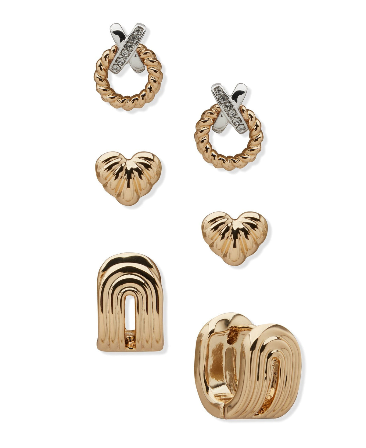 Heart and Fluted Twisted Metal Trio Pierced Earrings - Anne Klein