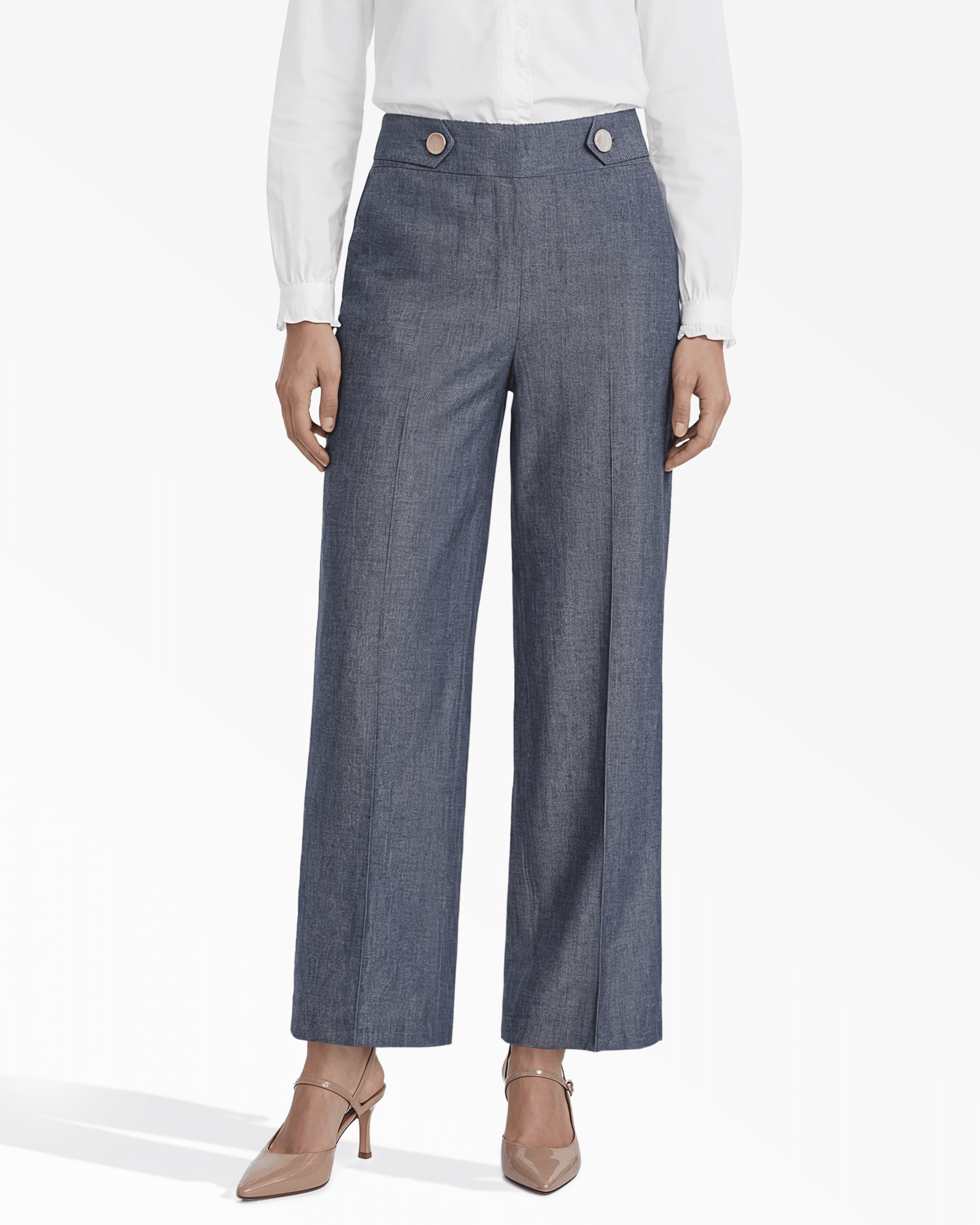 High-Rise Wide Leg Pull-On Trousers - Anne Klein DSNT MT/CRSPWHT