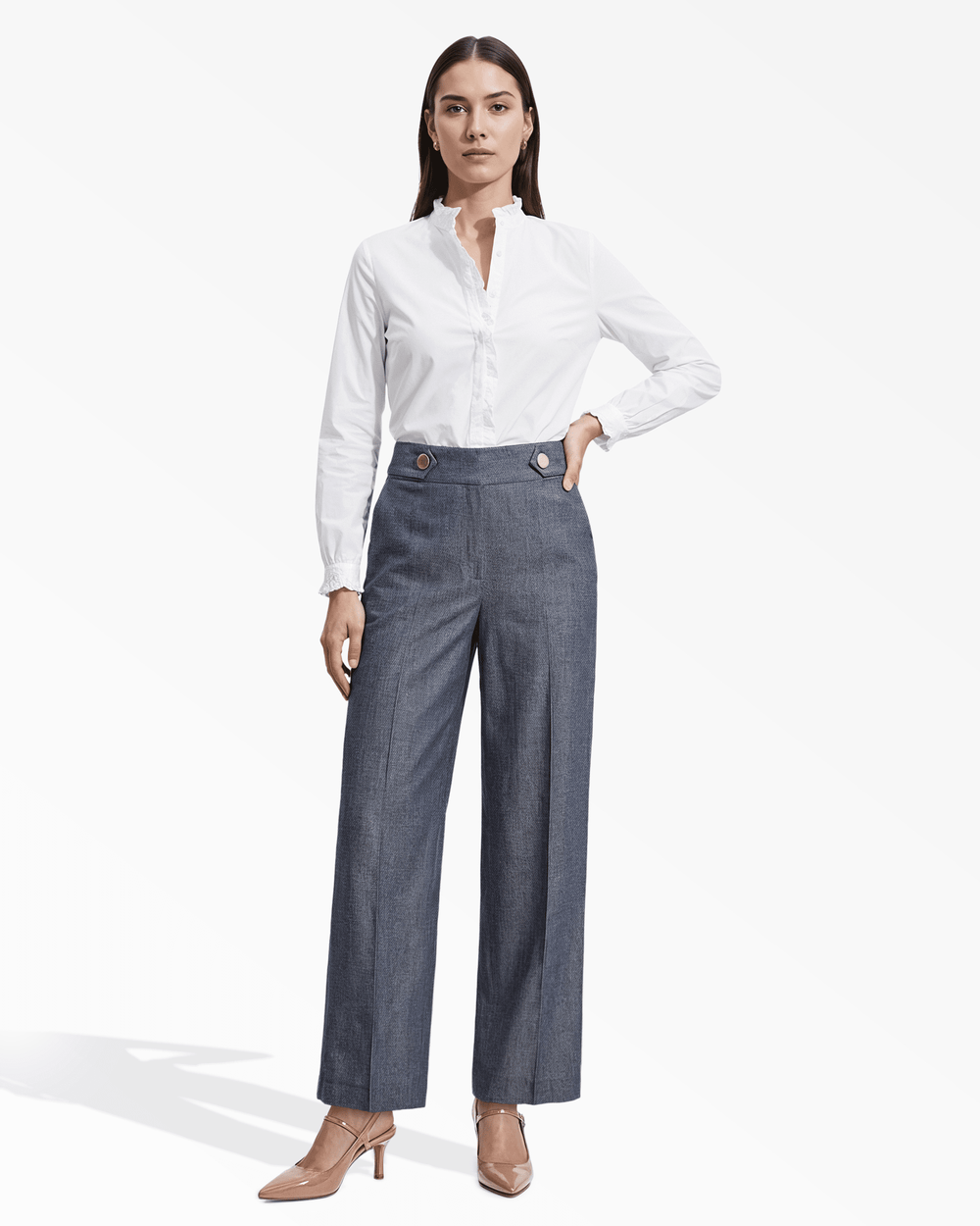 High-Rise Wide Leg Pull-On Trousers - Anne Klein DSNT MT/CRSPWHT