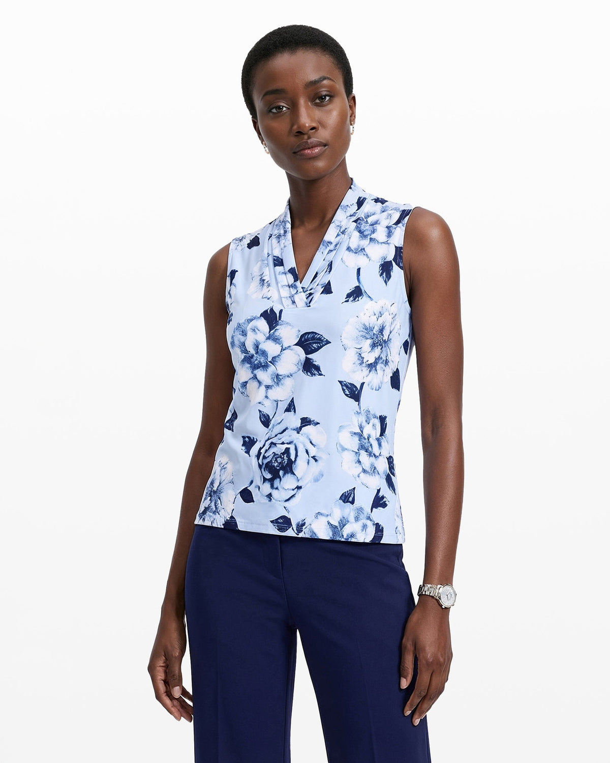 Triple Pleat V-Neck Sleeveless Knit Top - Anne Klein LAKESHORE MLT