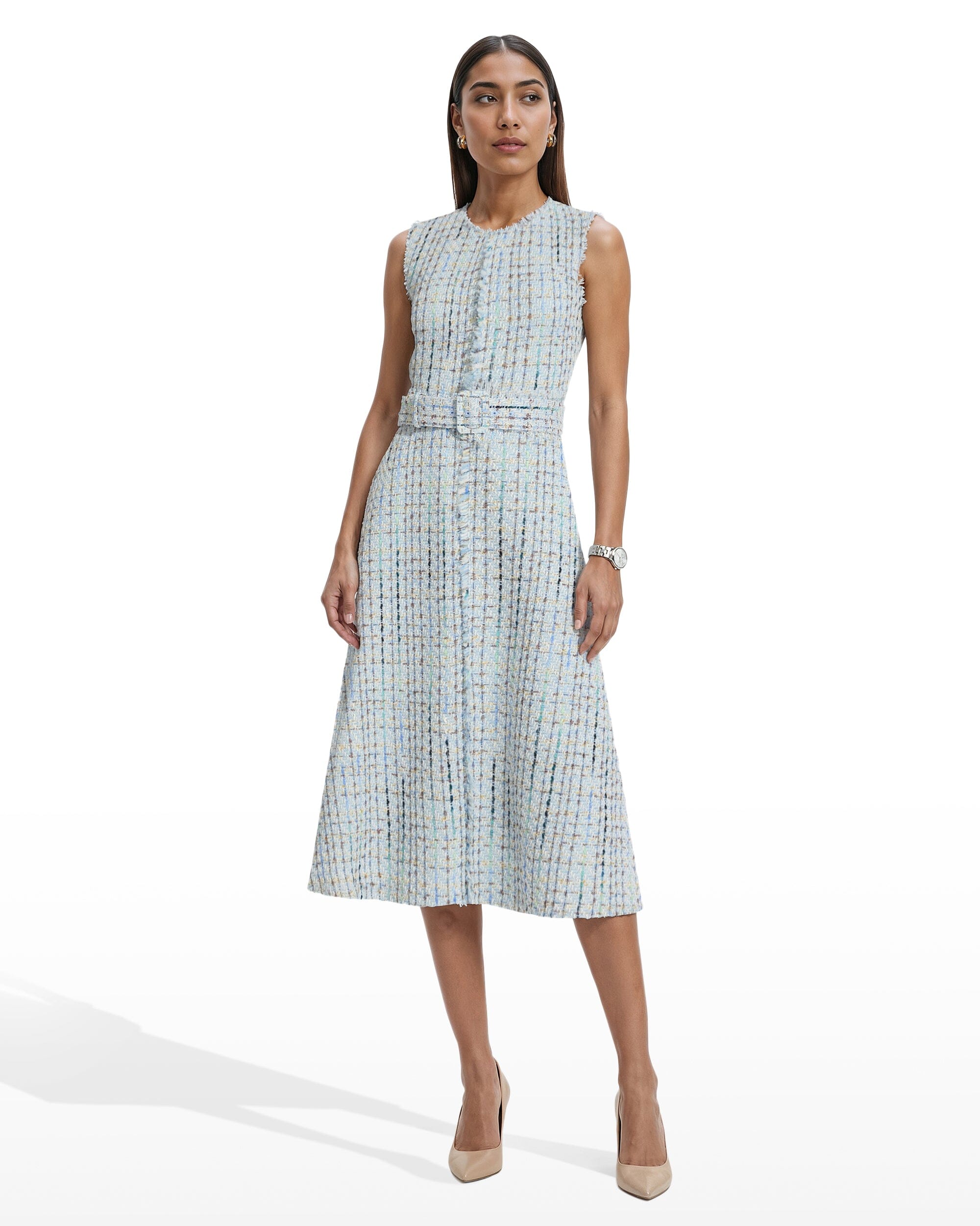 Fringed Tweed Midi Dress with Belt - Anne Klein Surf Blue Multi