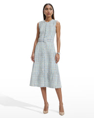 Fringed Tweed Midi Dress with Belt - Anne Klein Surf Blue Multi