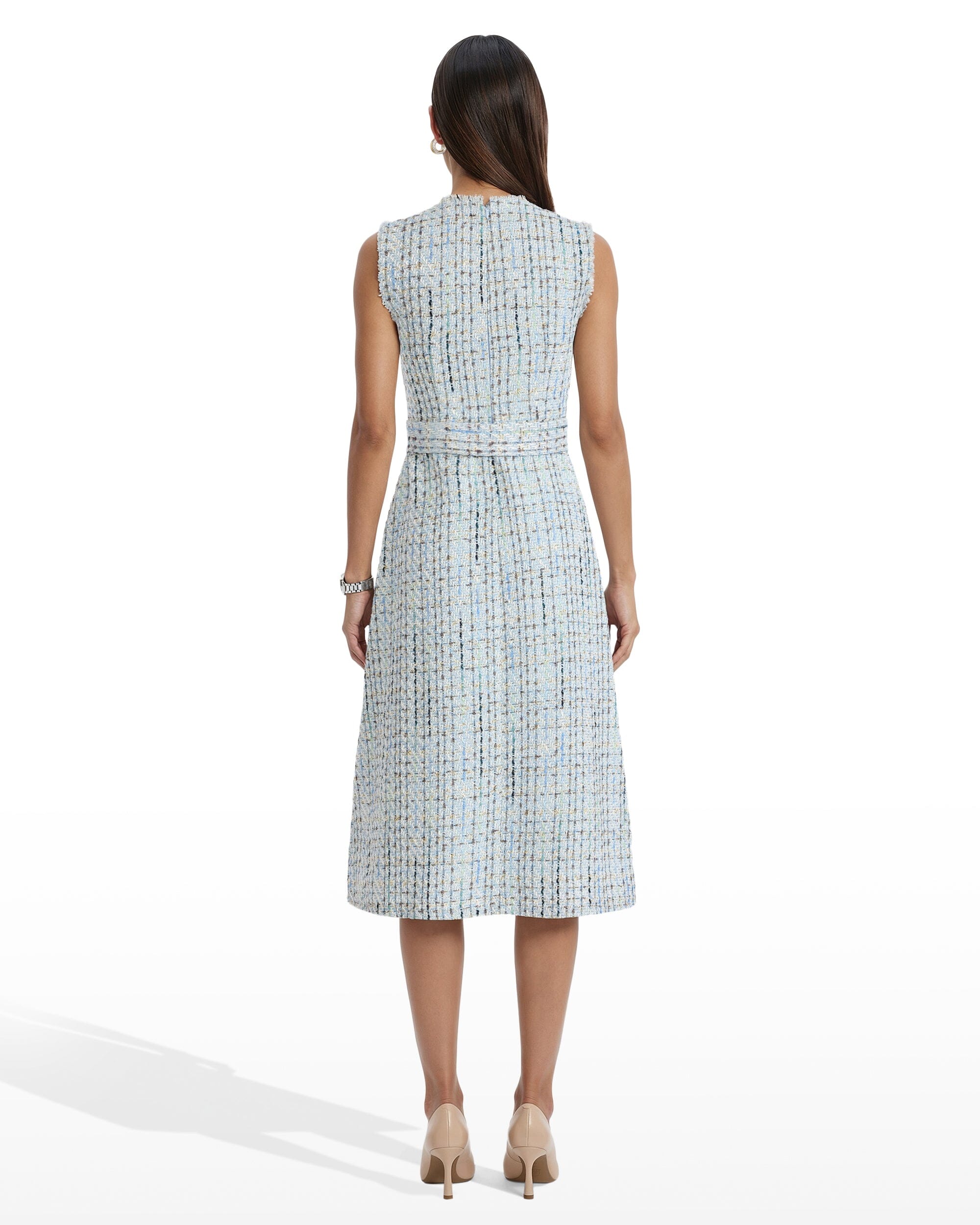 Fringed Tweed Midi Dress with Belt - Anne Klein Surf Blue Multi