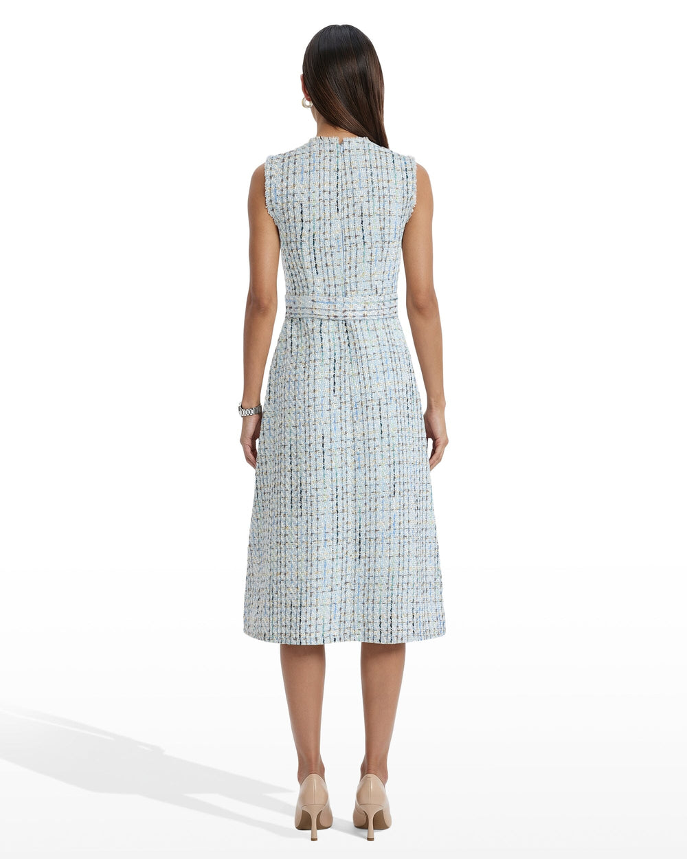 Fringed Tweed Midi Dress with Belt - Anne Klein Surf Blue Multi