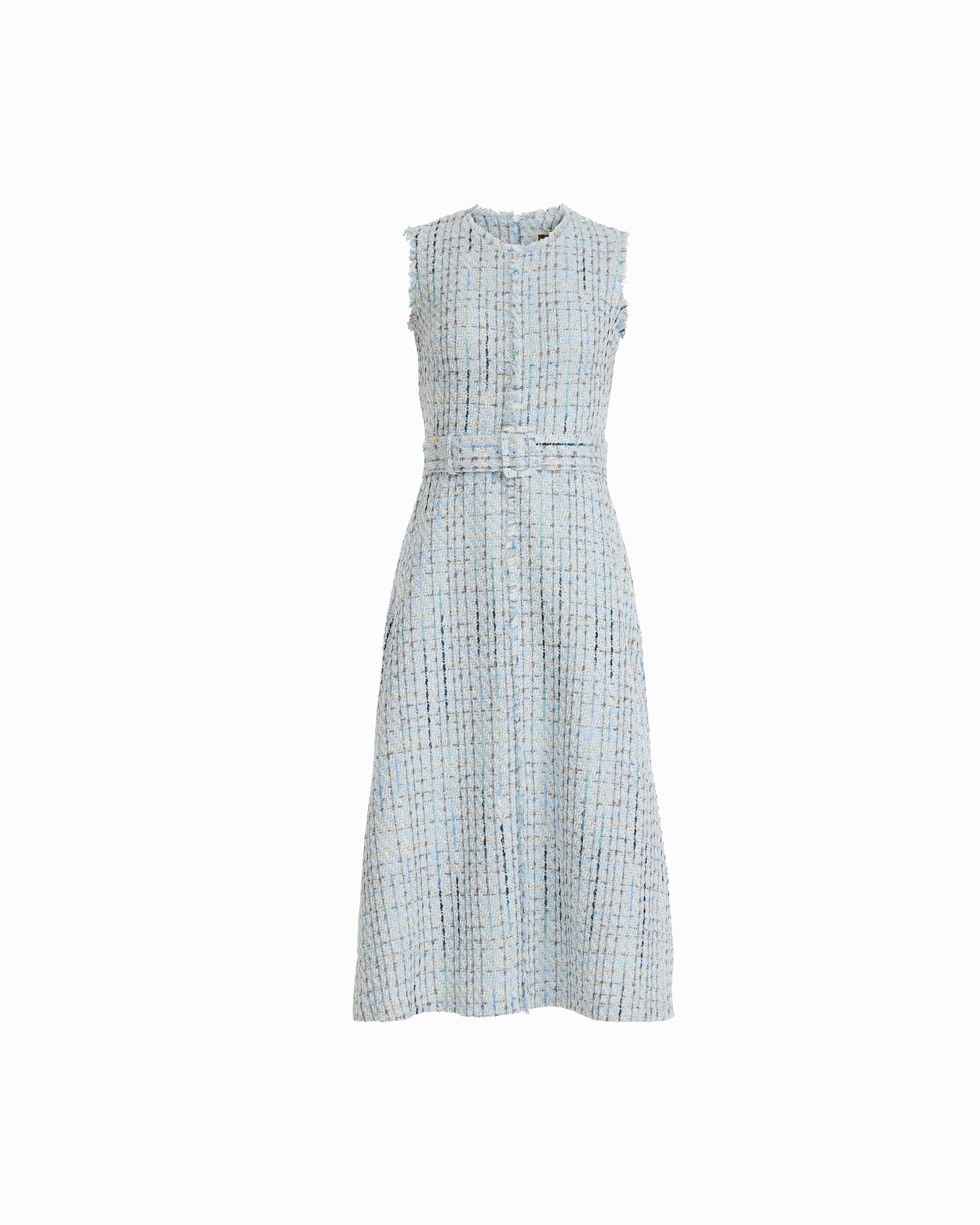 Fringed Tweed Midi Dress with Belt - Anne Klein Surf Blue Multi