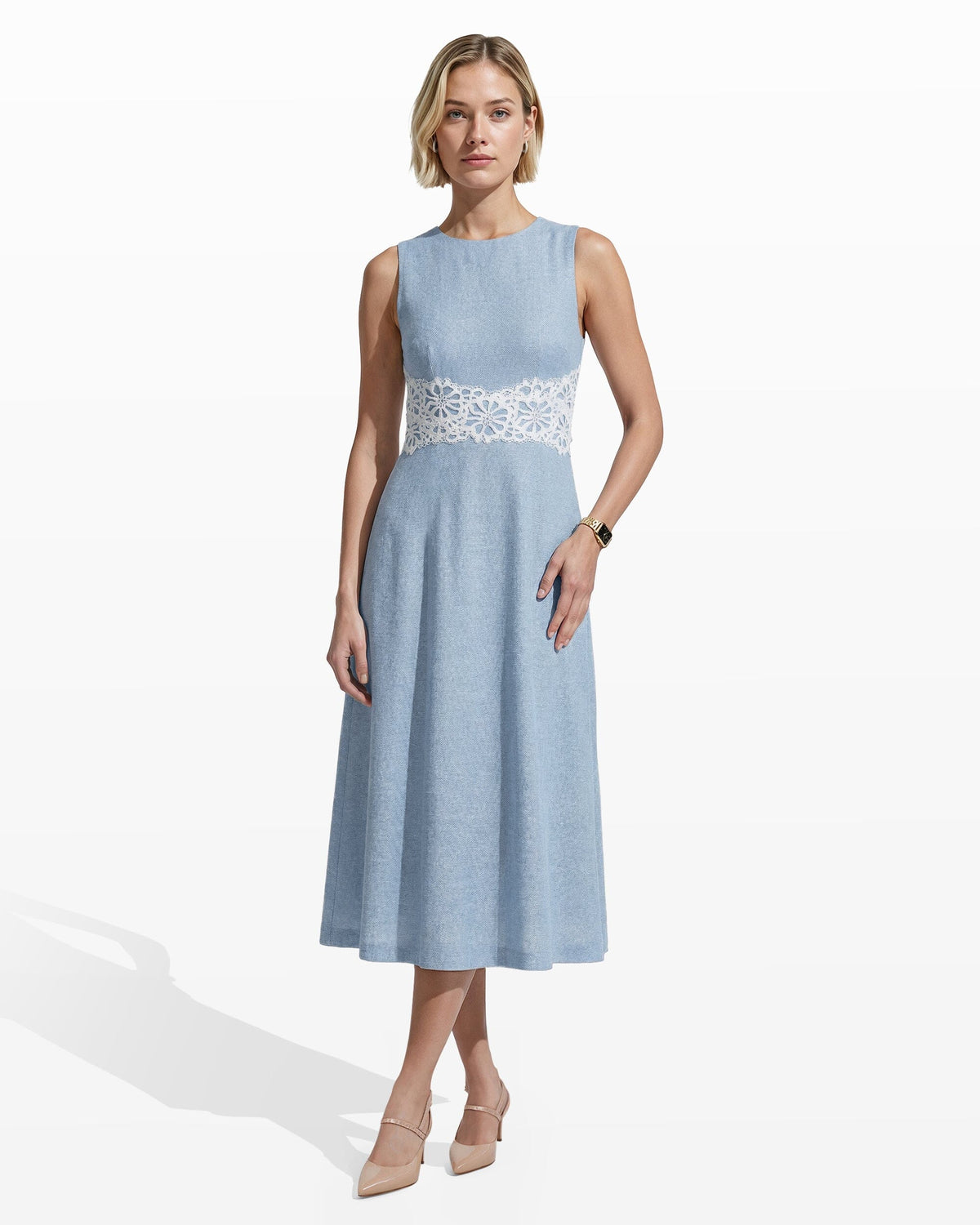 Sleeveless Midi Dress with Lace Inset - Anne Klein LAGOON/CRSP WHT