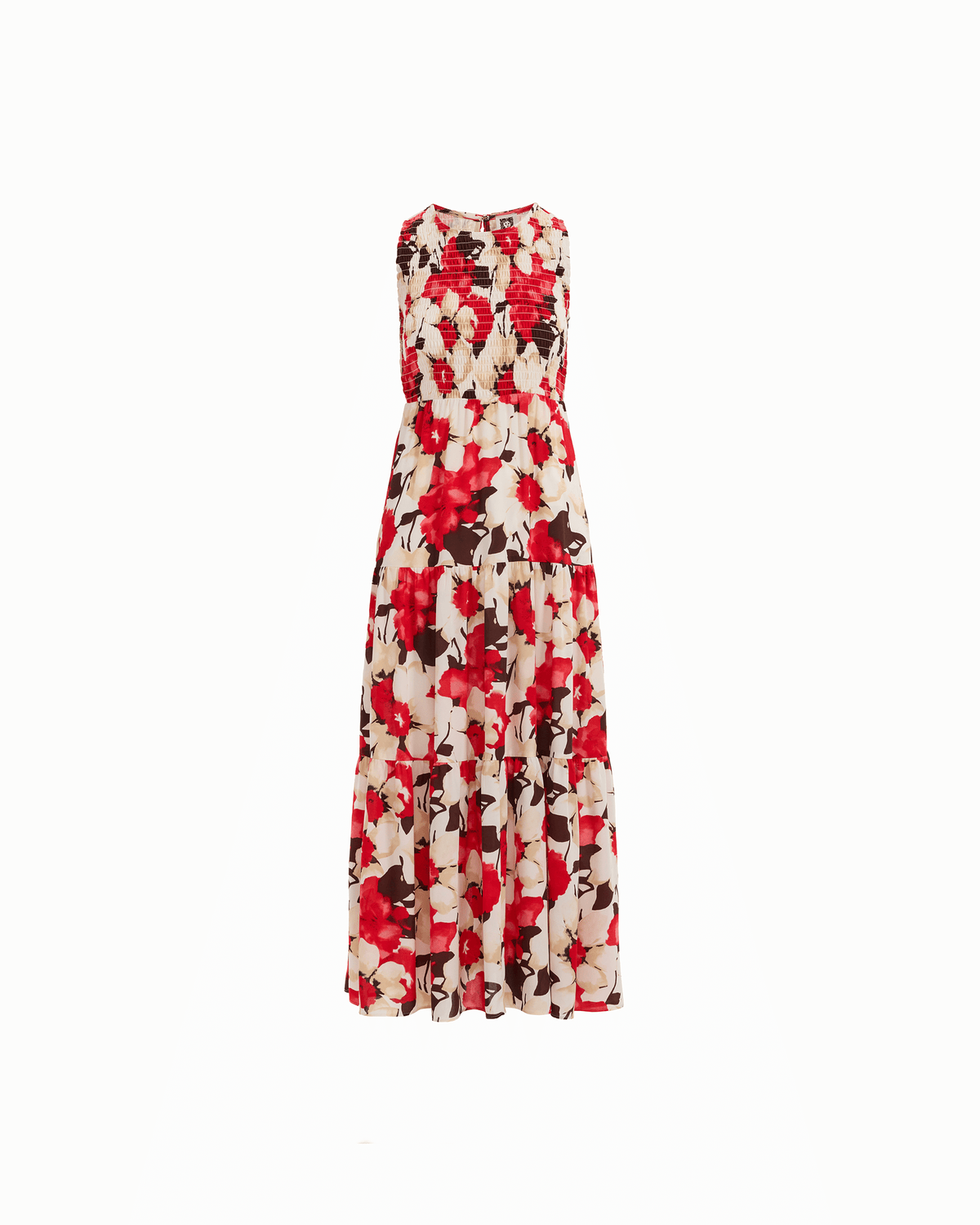 Smocked Bodice Tiered Maxi Dress in White Dove Multi - Anne Klein WHITE DOVE MULTI