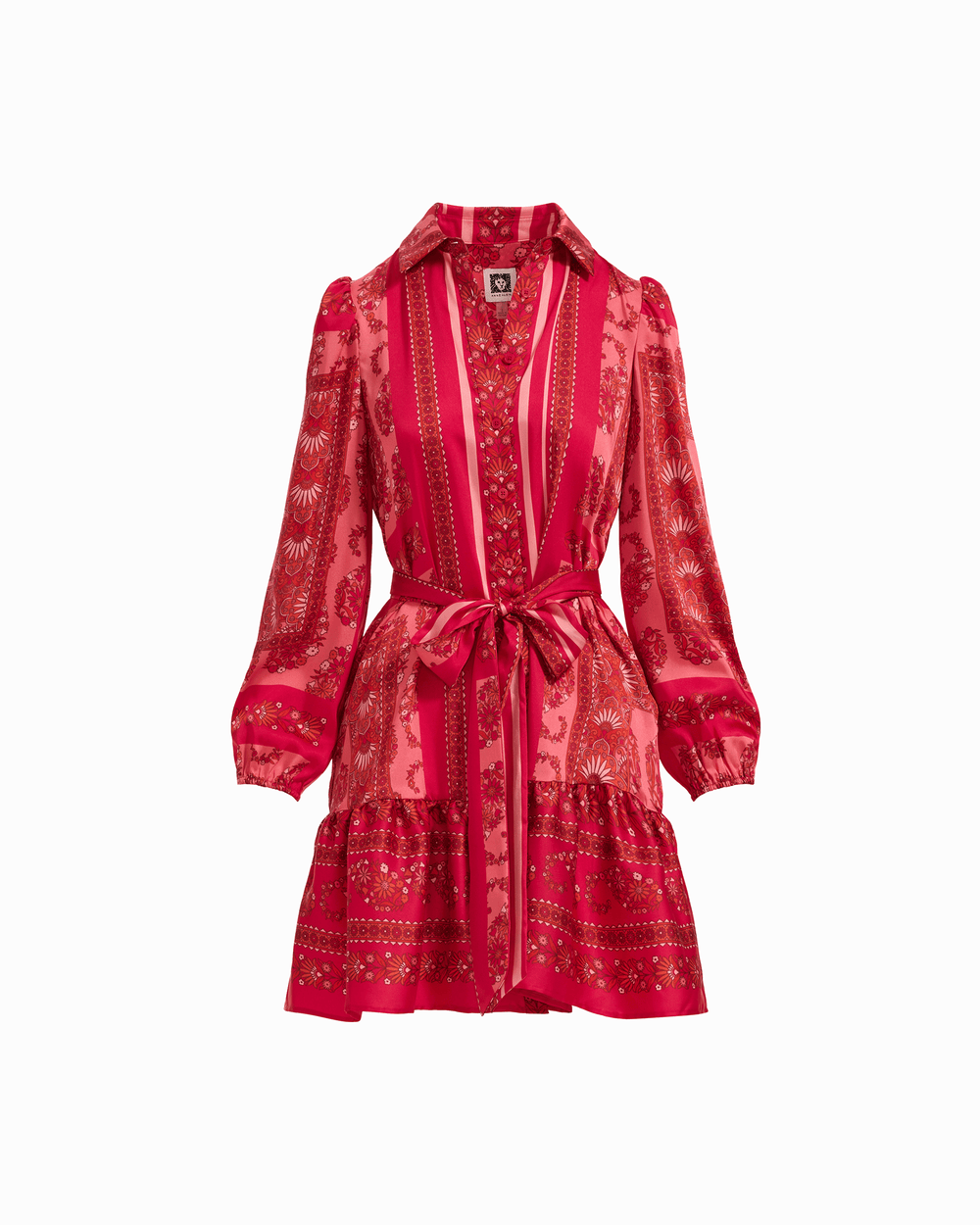 Tiered Collared Button-Front Long Sleeve Shirt Dress - Anne Klein GRENADINE MULTI