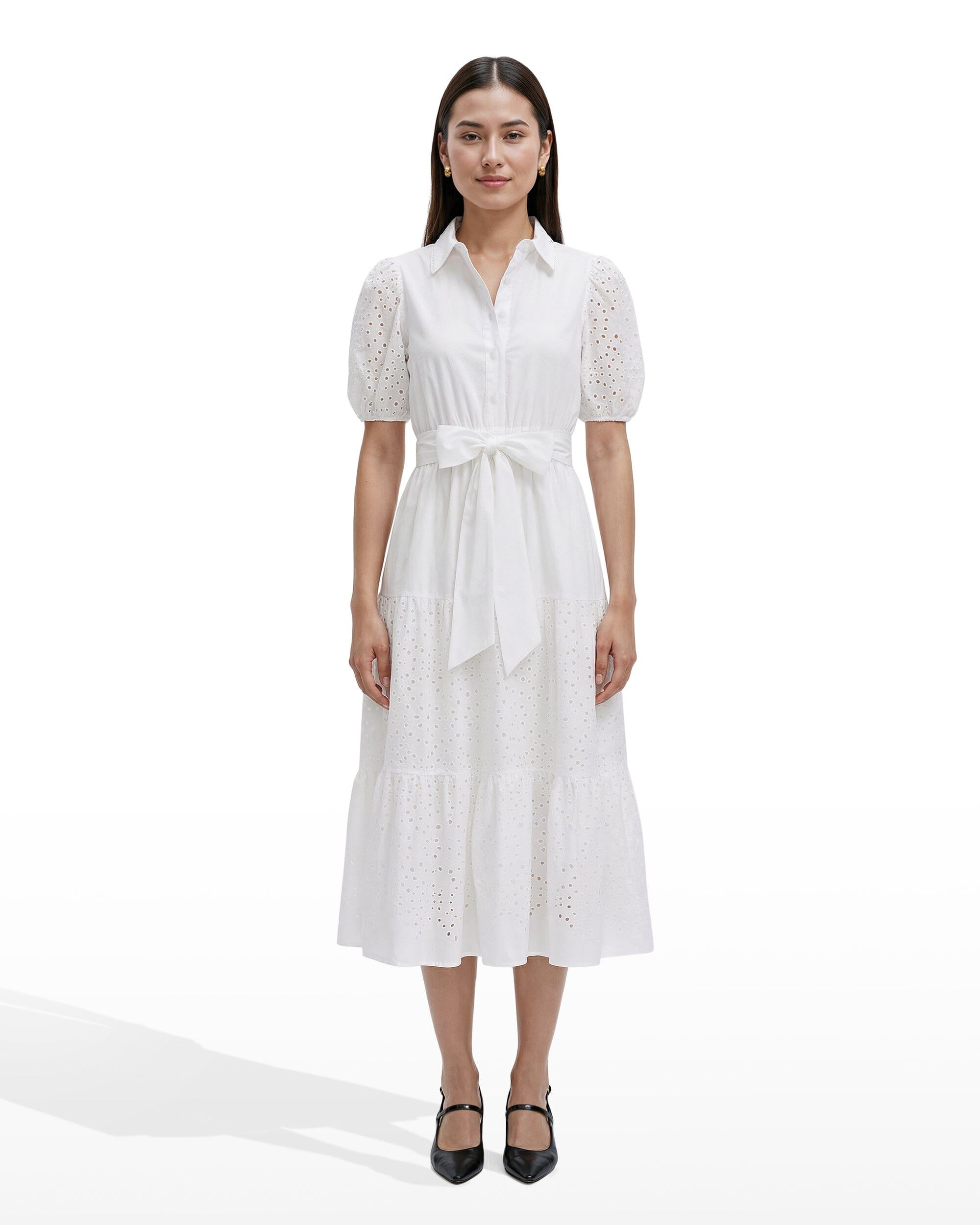 Puff Sleeve Tiered Shirt Dress - Anne Klein CRISP WHITE