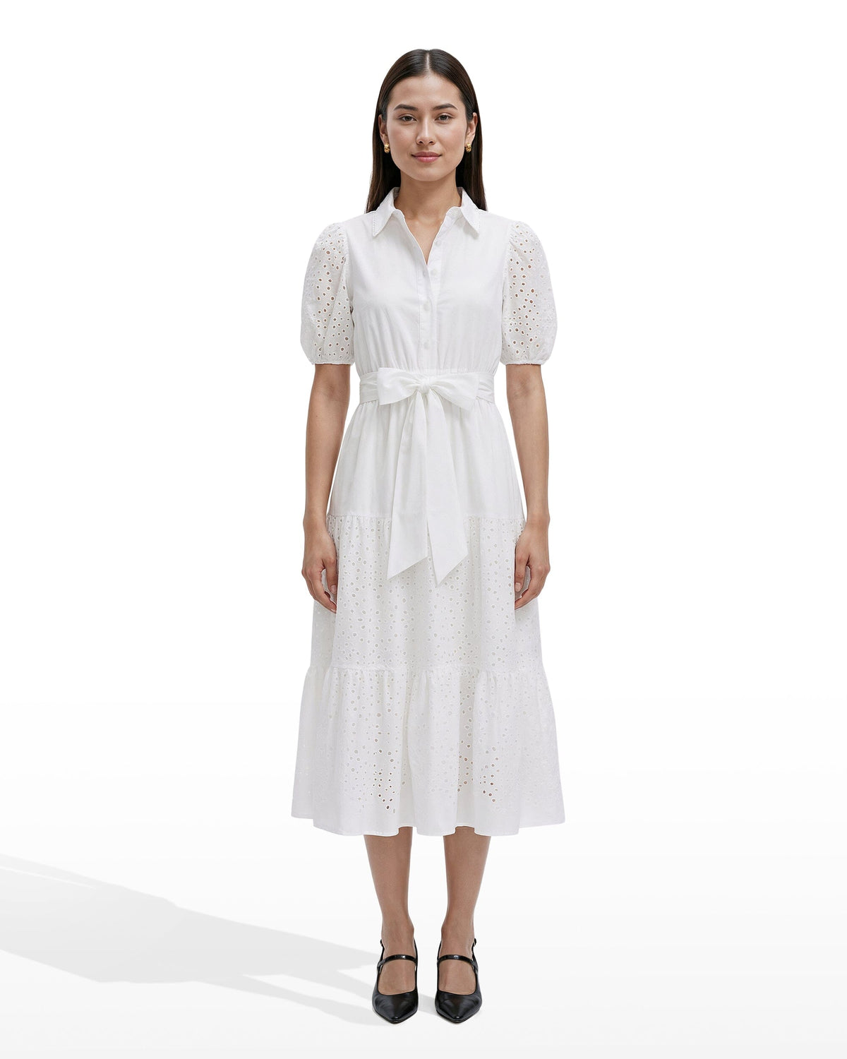 Puff Sleeve Tiered Shirt Dress - Anne Klein CRISP WHITE