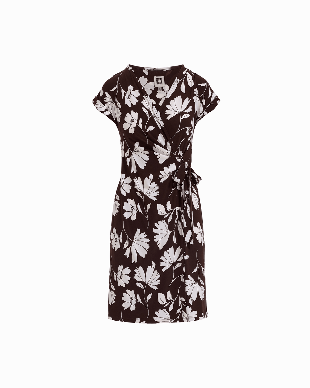 Short Sleeve Wrap V-Neck Dress in DK CHOC / WHT DV - Anne Klein DK CHOC/WHT DV