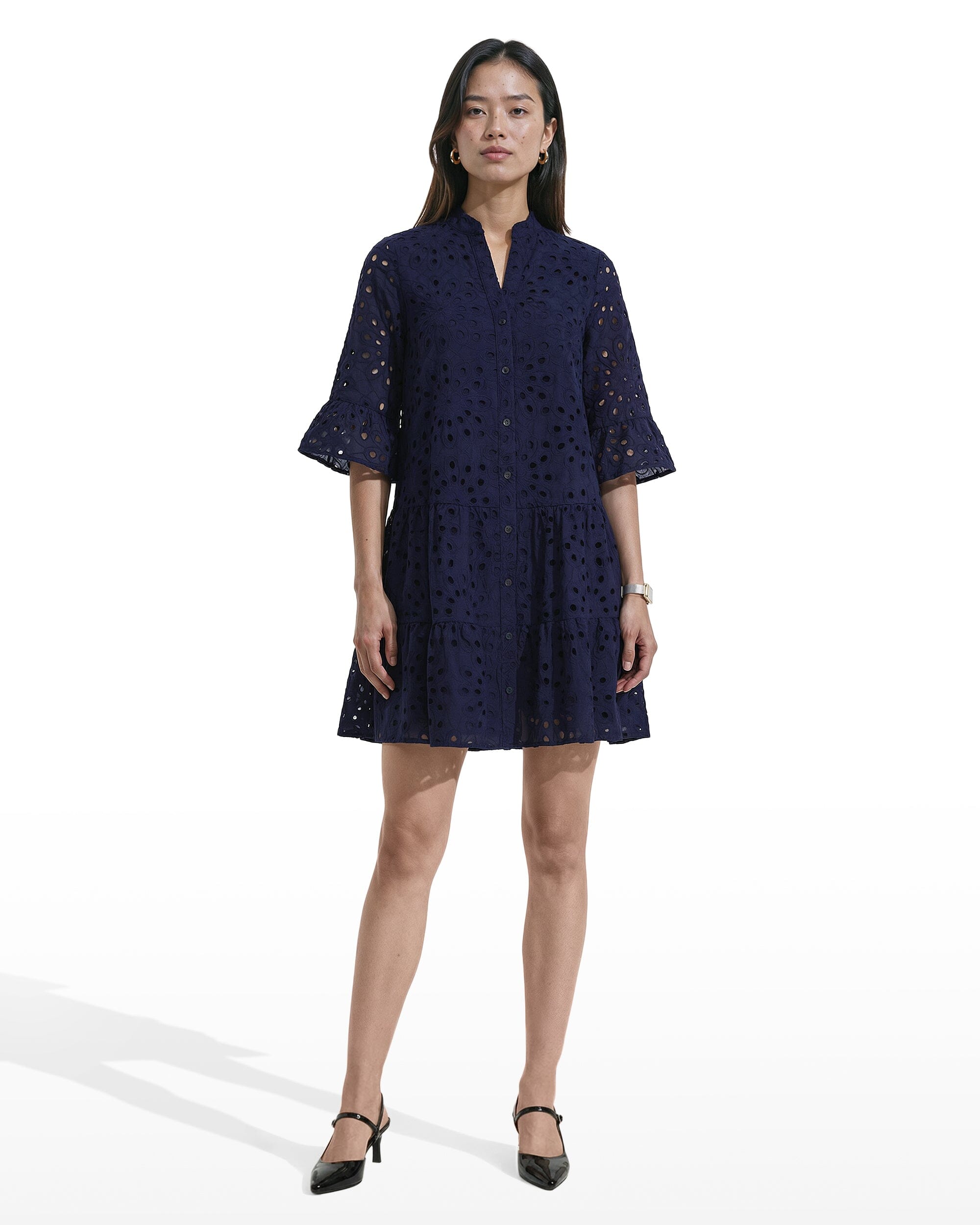 Tiered Shirt Dress with Stand Collar - Anne Klein DISTANT MOUNTAIN