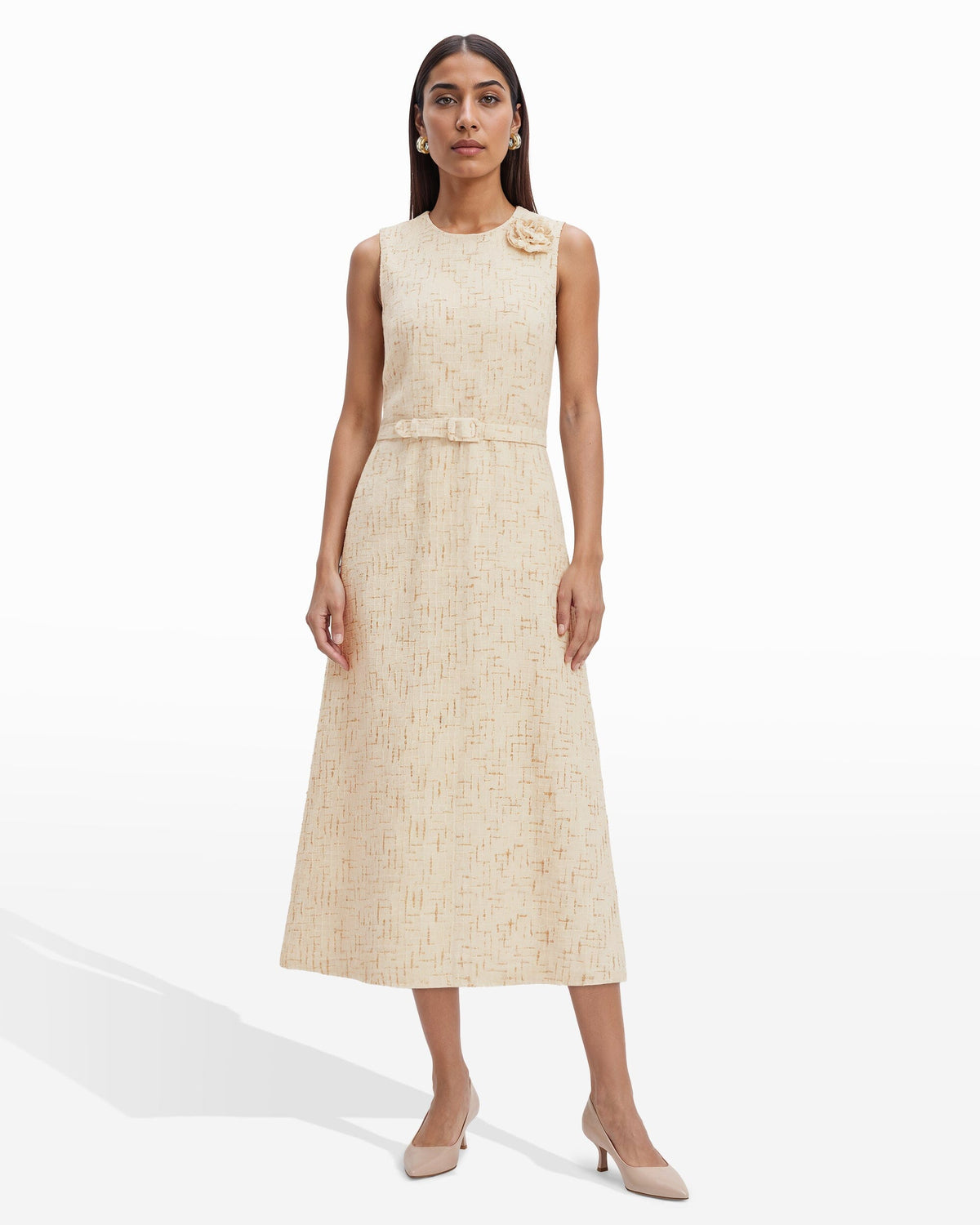 Rosette Detail A-line Midi Dress - Anne Klein IVORY SHELL MULTI
