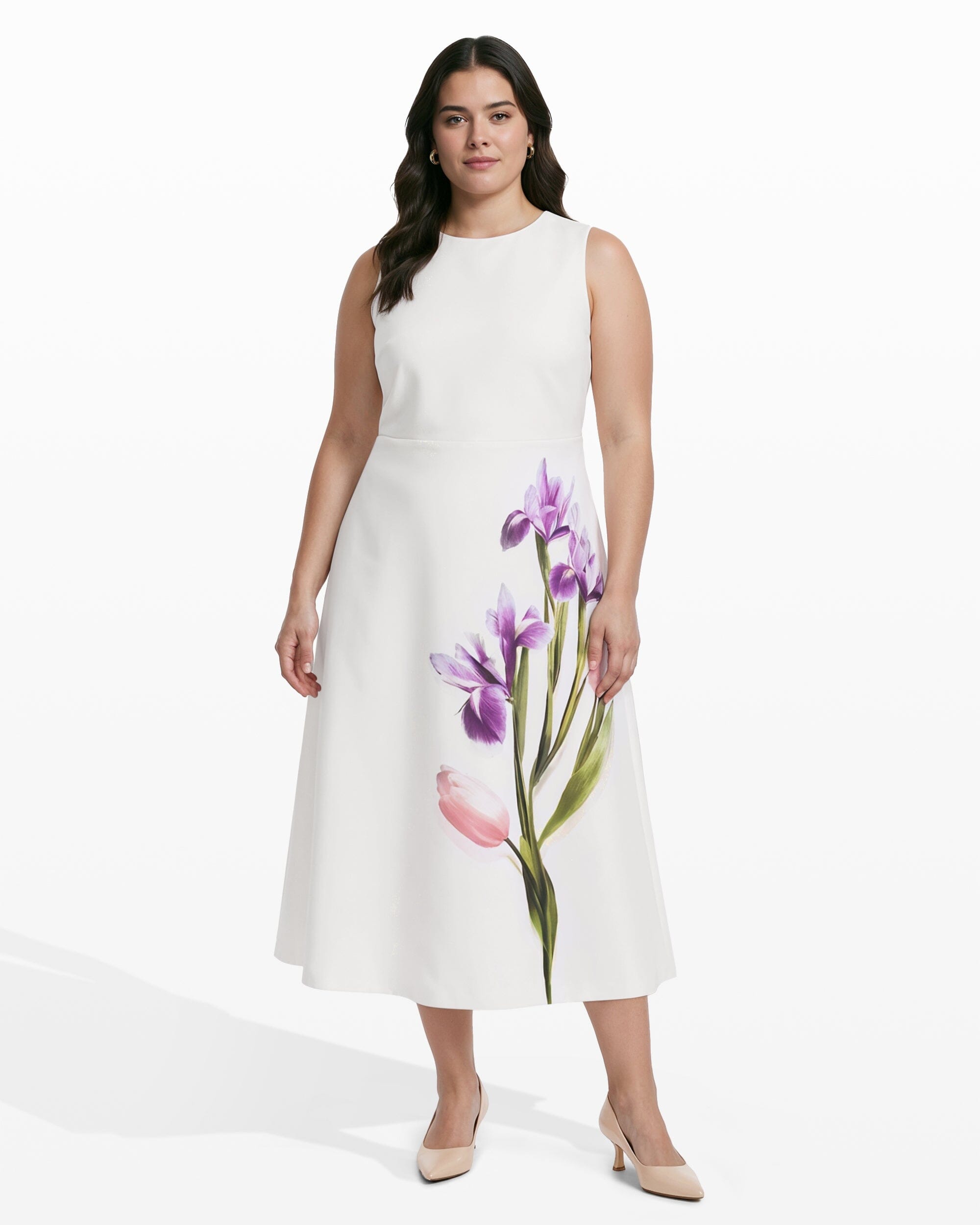 Crew Neck A-line Midi Dress - Anne Klein WHITE DOVE MULTI