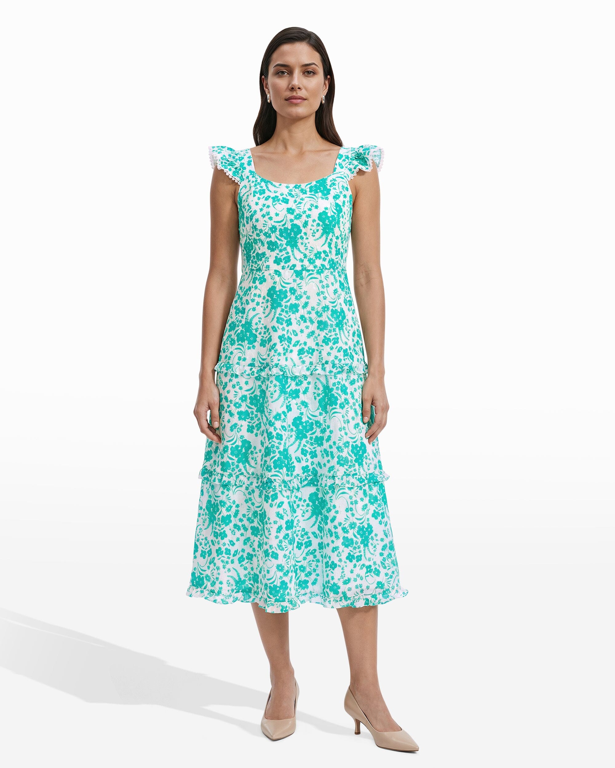 Ruffled Tiered Midi Length Dress - Anne Klein BERYL GREEN/CRISP WHIT