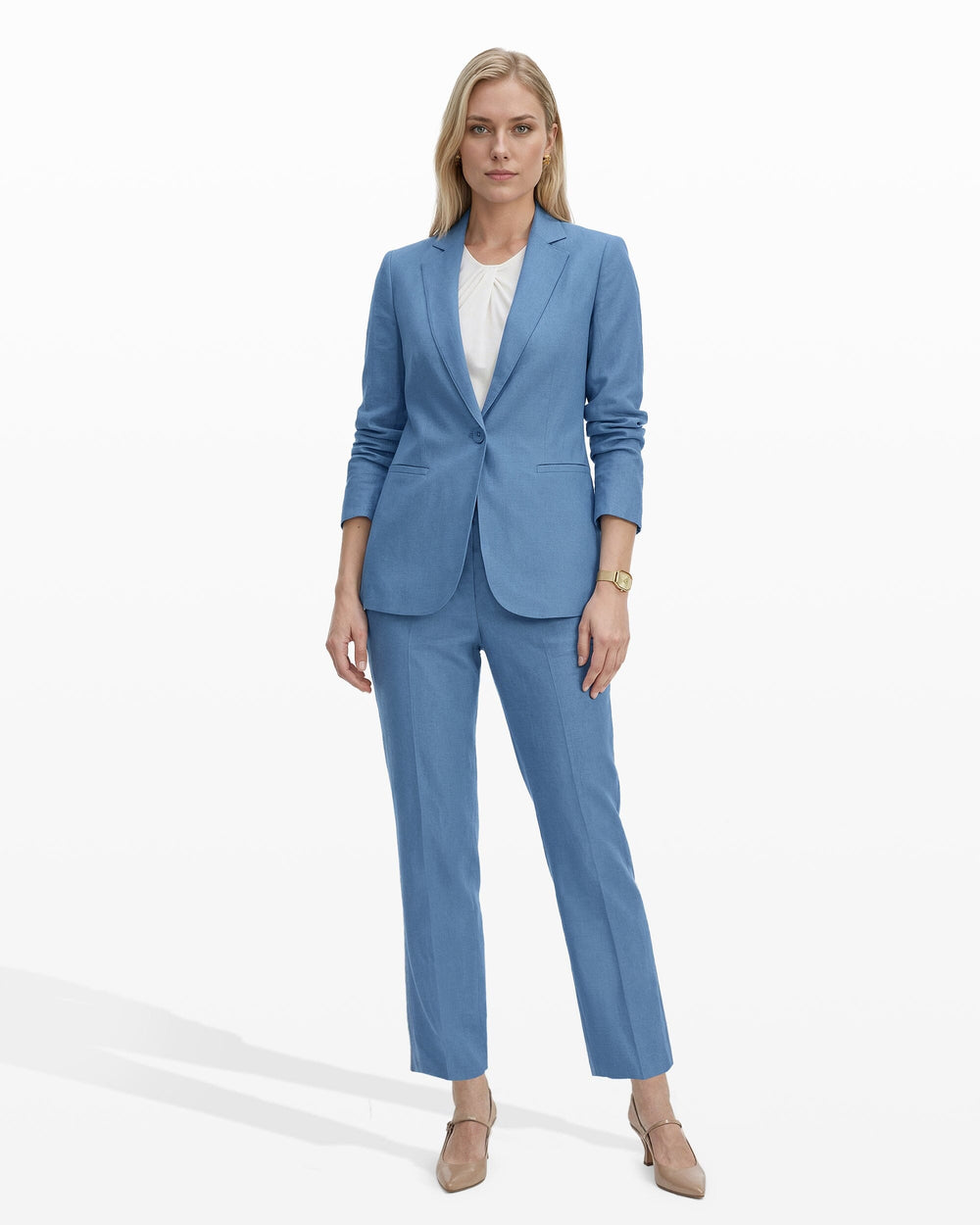 One-Button Notch Lapel Linen Blend Jacket - Anne Klein LAGOON