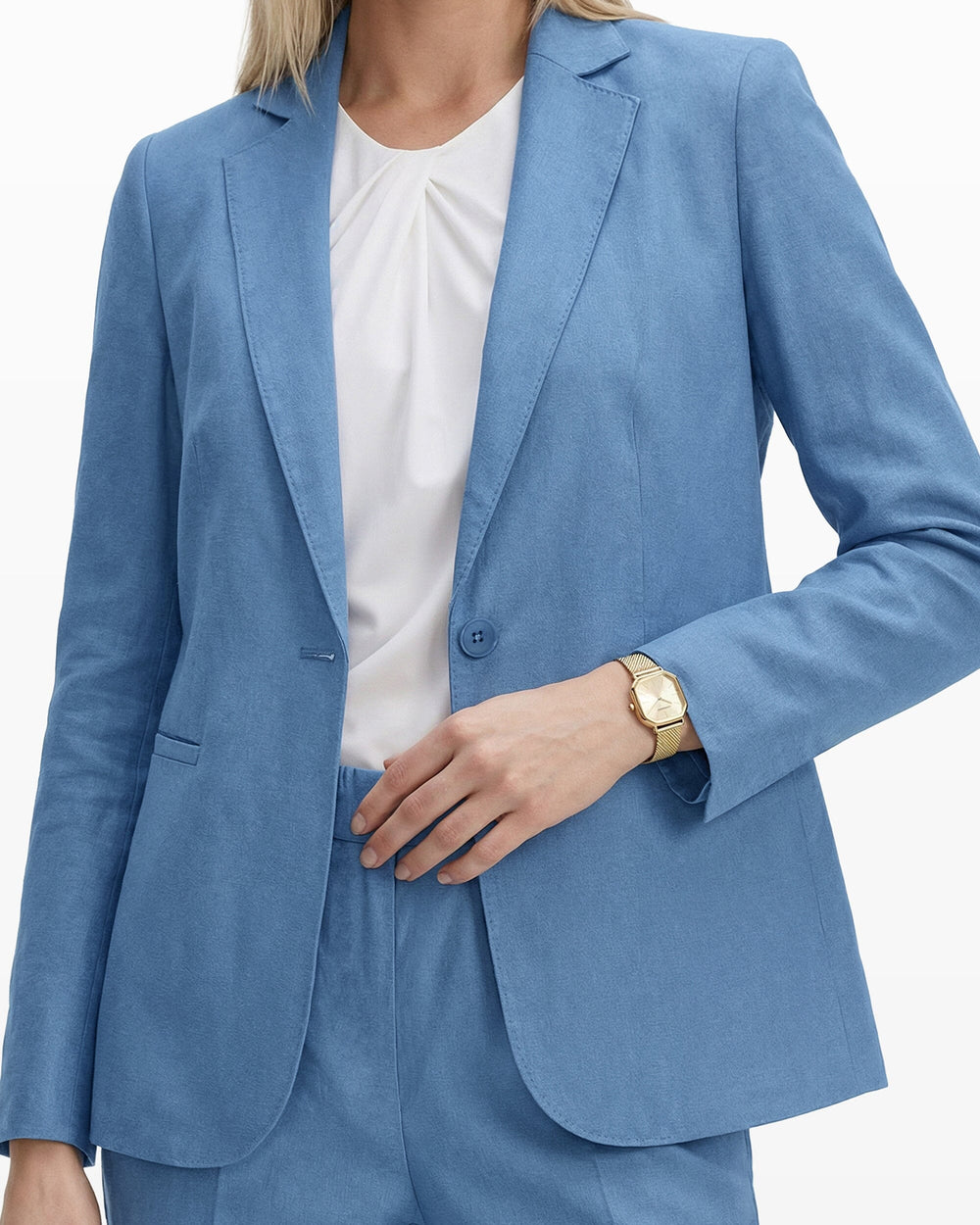 One-Button Notch Lapel Linen Blend Jacket - Anne Klein LAGOON