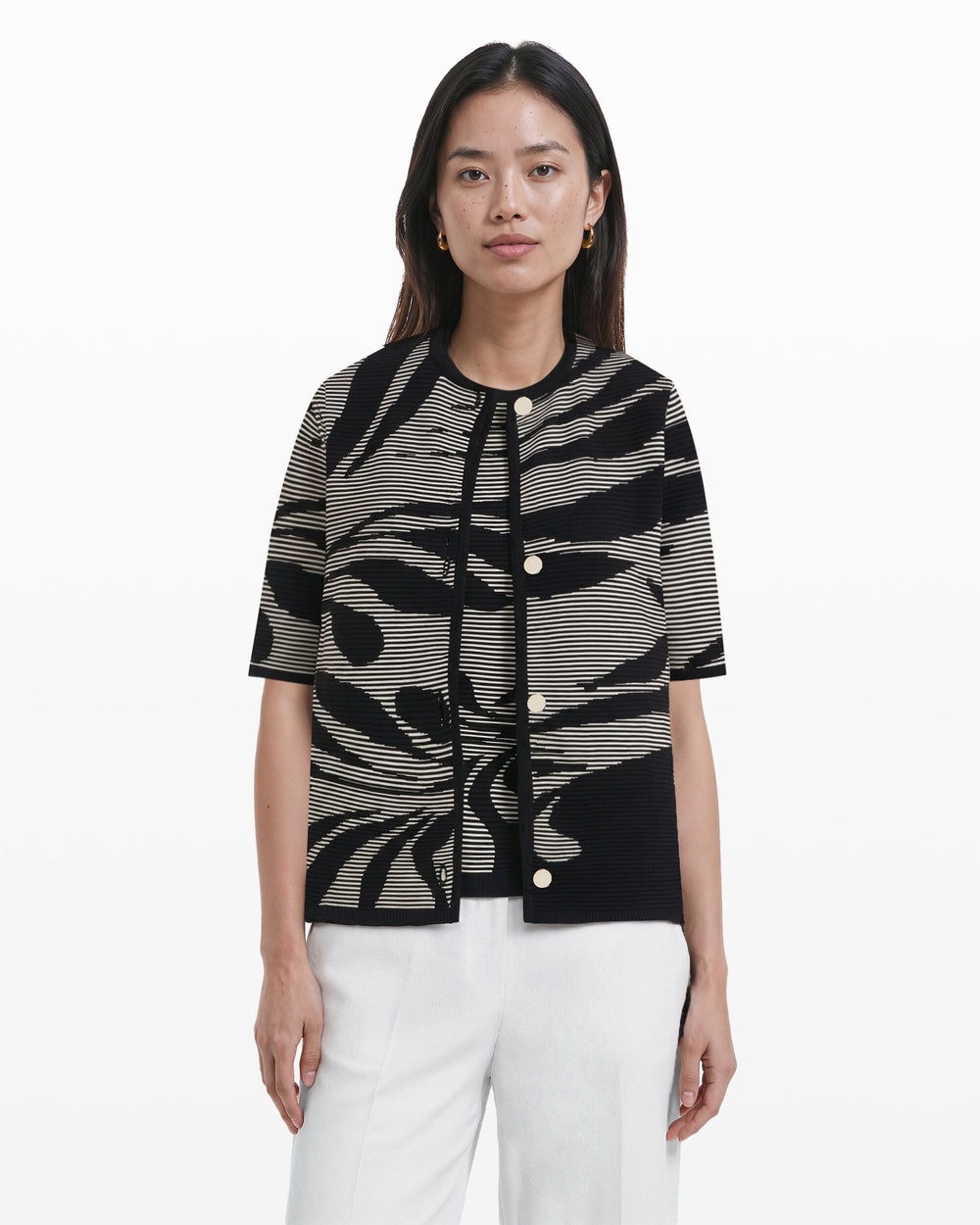 Button Front Ottoman Jacquard Cardigan - Anne Klein ANNE BLACK/WHITE DOVE
