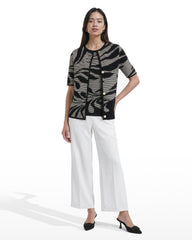 Button Front Ottoman Jacquard Cardigan - Anne Klein ANNE BLACK/WHITE DOVE
