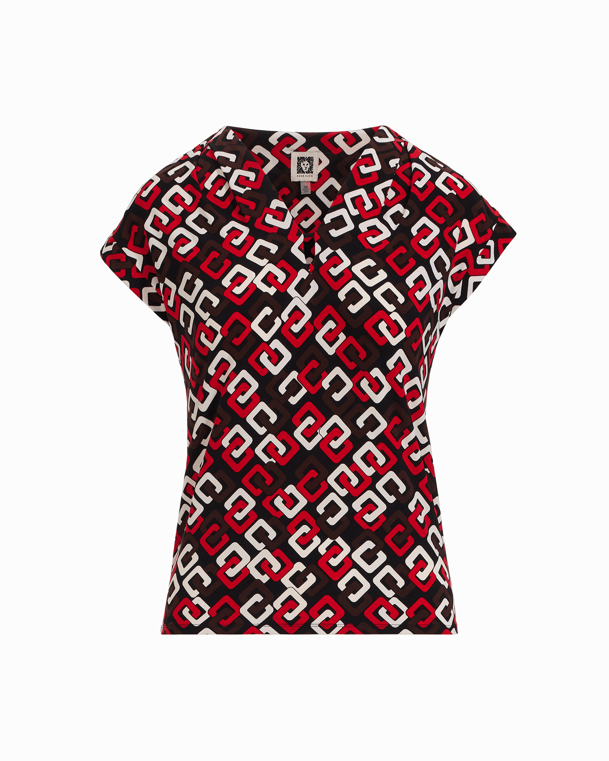 V-Neck Short Sleeve Pullover Top in BEGONIA RED MLT - Anne Klein BEGONIA RED MLT