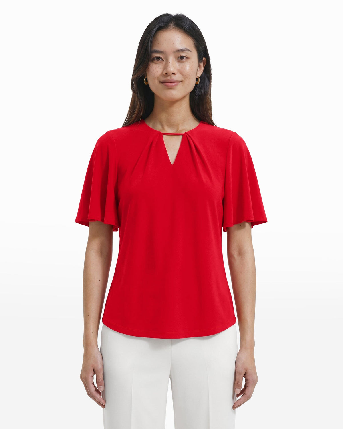 V-Neck Bell Sleeve Pullover Top - Anne Klein BEGONIA RED