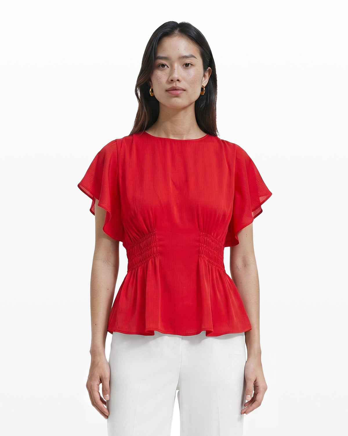 Smocked Waist Flutter Sleeve Blouse in BEGONIA RED - Anne Klein BEGONIA RED