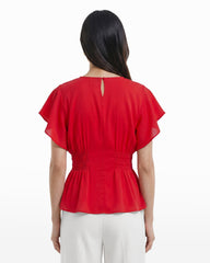 Smocked Waist Flutter Sleeve Blouse in BEGONIA RED - Anne Klein BEGONIA RED