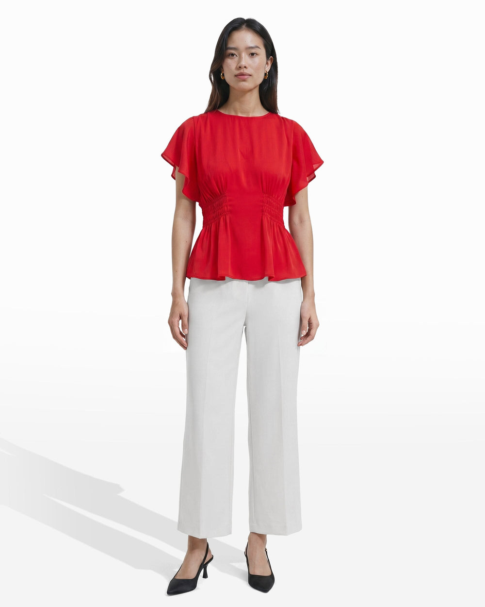 Smocked Waist Flutter Sleeve Blouse in BEGONIA RED - Anne Klein BEGONIA RED
