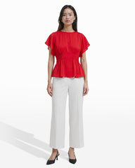 Smocked Waist Flutter Sleeve Blouse in BEGONIA RED - Anne Klein BEGONIA RED
