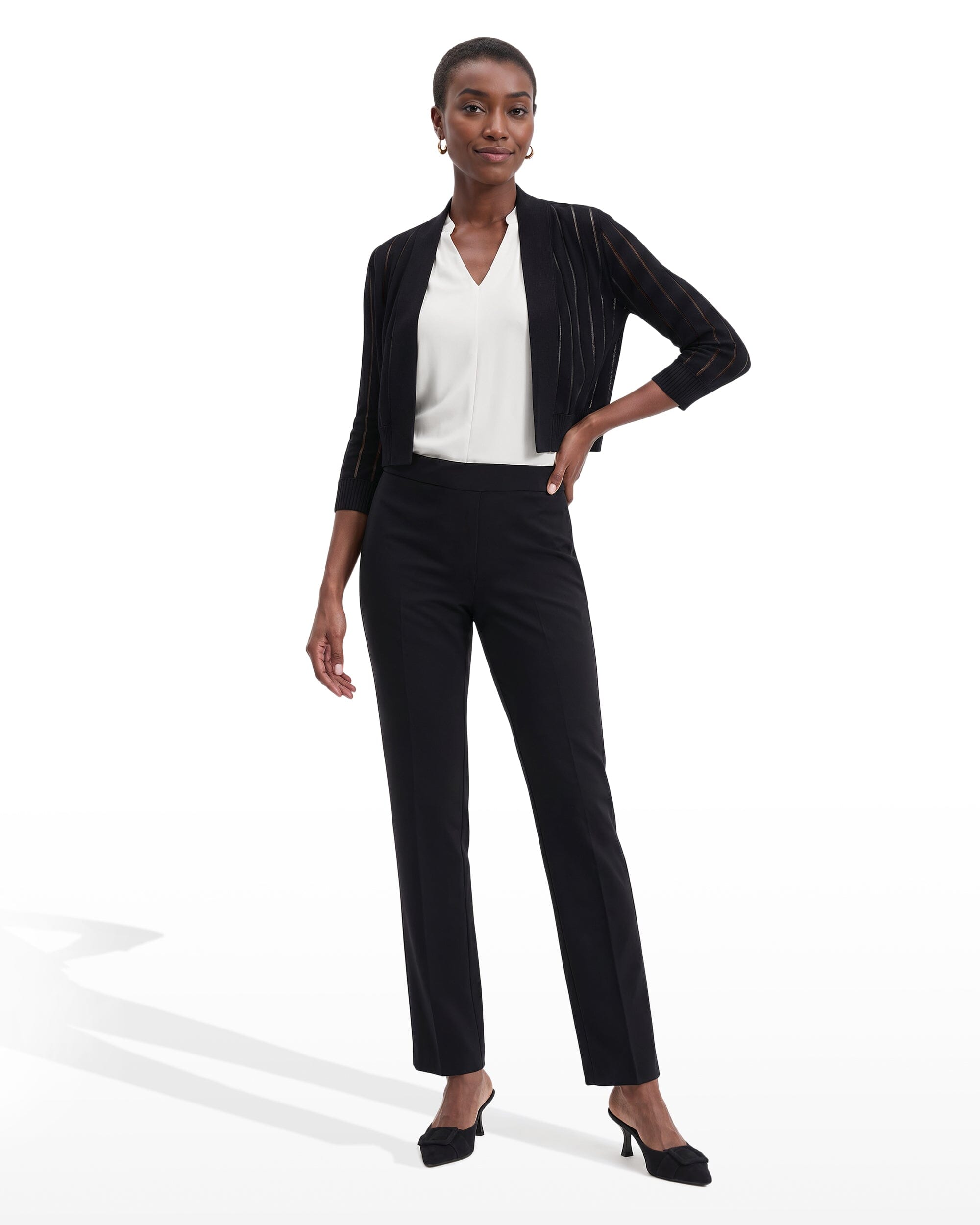 Sheer Stripe Three-Quarter Sleeve Shrug - Anne Klein ANNE BLACK