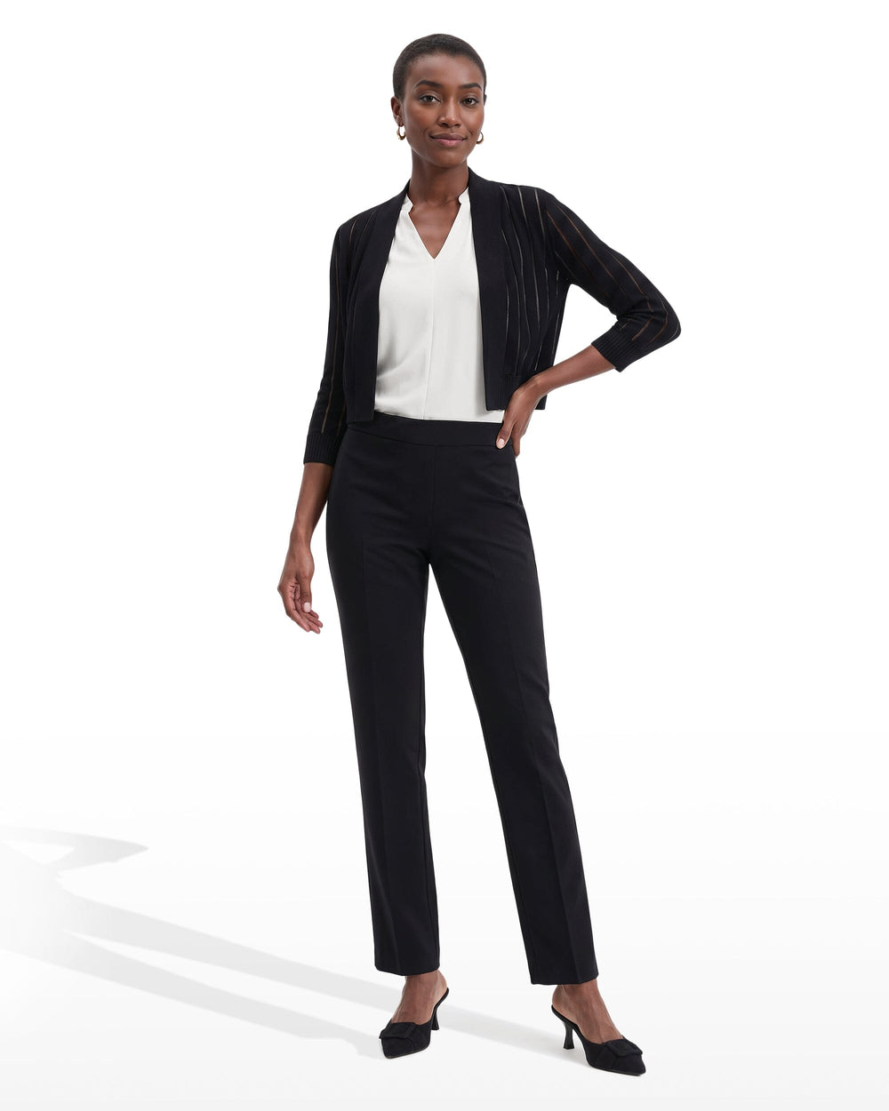 Sheer Stripe Three-Quarter Sleeve Shrug - Anne Klein ANNE BLACK