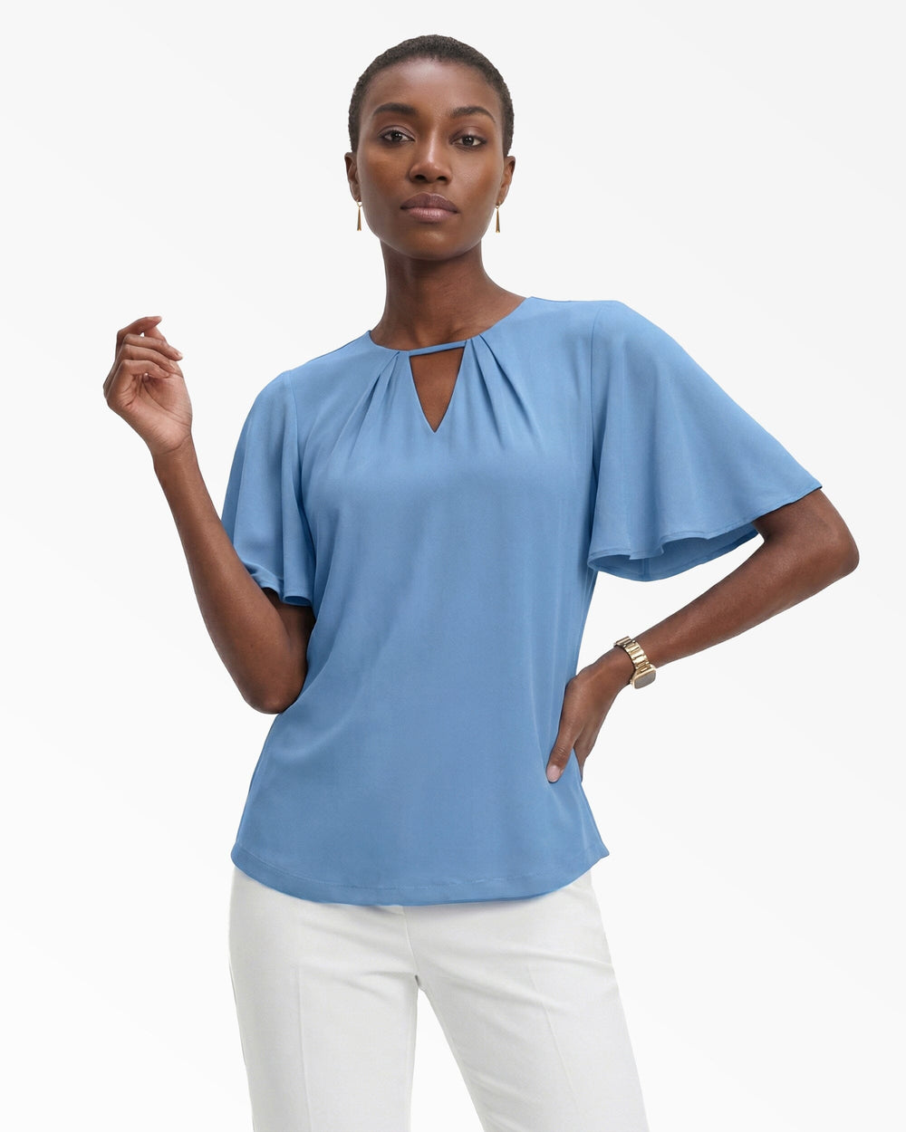 Pleated Neckline Bell Sleeve Top - Anne Klein LAGOON