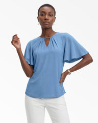 Pleated Neckline Bell Sleeve Top - Anne Klein LAGOON