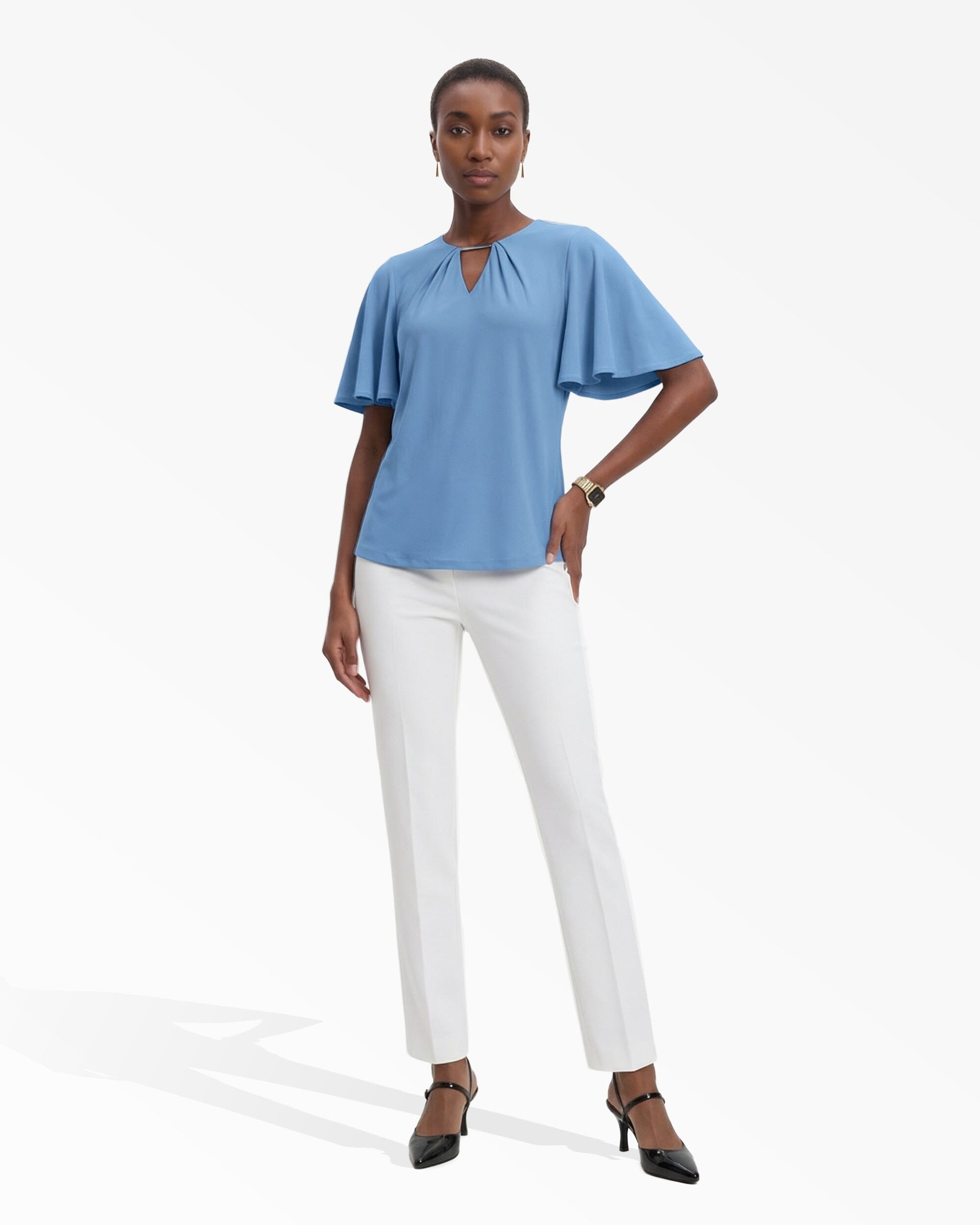 Pleated Neckline Bell Sleeve Top - Anne Klein LAGOON
