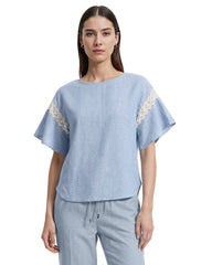 Flutter Sleeve Lace Trim Blouse - Anne Klein LAGOON/CRSP WHT