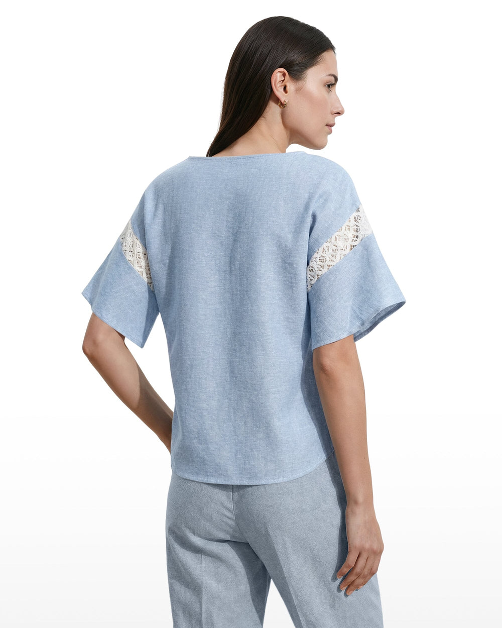 Flutter Sleeve Lace Trim Blouse - Anne Klein LAGOON/CRSP WHT