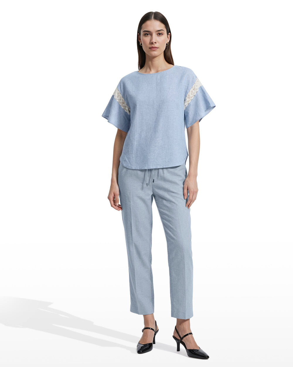 Flutter Sleeve Lace Trim Blouse - Anne Klein LAGOON/CRSP WHT