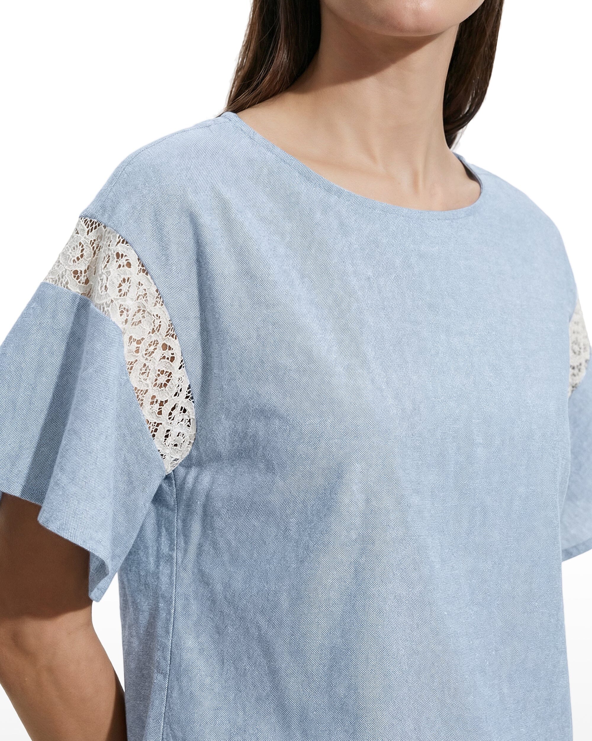 Flutter Sleeve Lace Trim Blouse - Anne Klein LAGOON/CRSP WHT