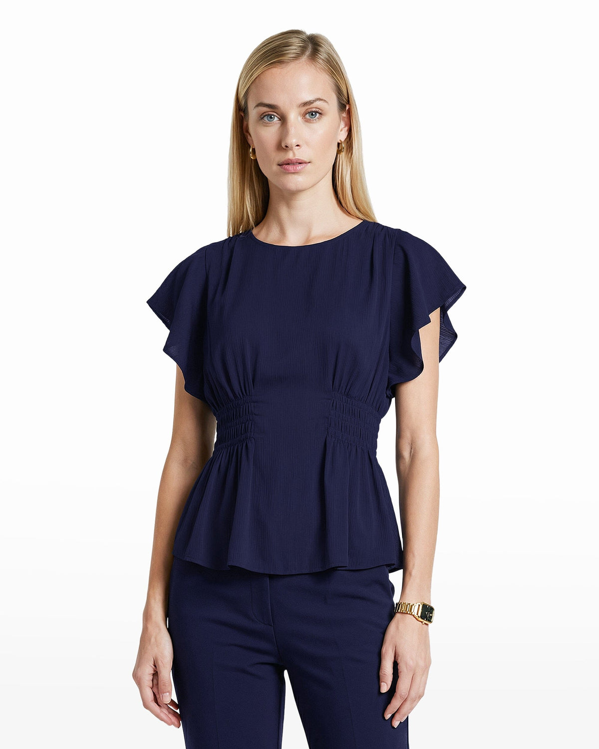 Smocked Waist Flutter Sleeve Blouse - Anne Klein DISTANT MOUNTAIN