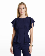 Smocked Waist Flutter Sleeve Blouse - Anne Klein DISTANT MOUNTAIN
