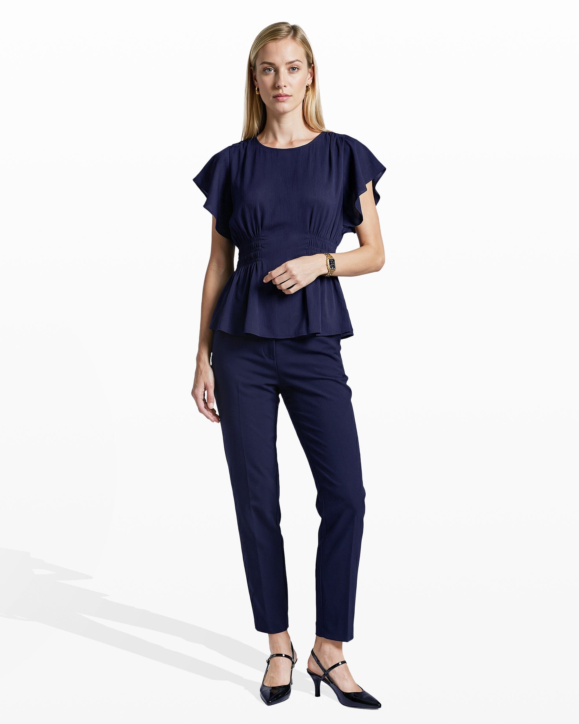 Smocked Waist Flutter Sleeve Blouse - Anne Klein DISTANT MOUNTAIN